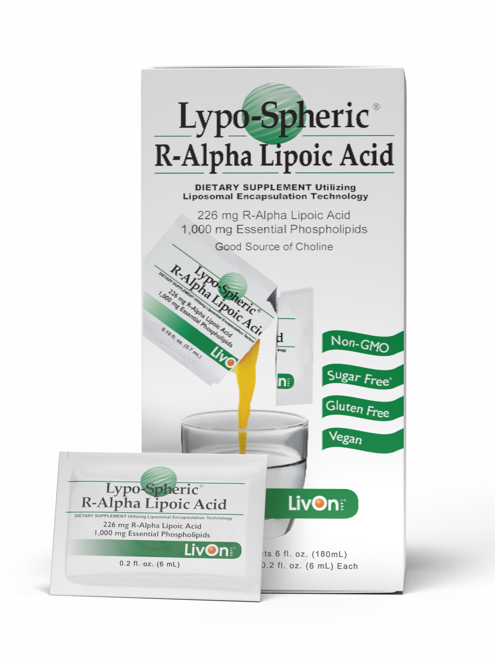 LivOn Lypo-Spheric ALA: sachet d'emballage, format pratique pour le quotidien.