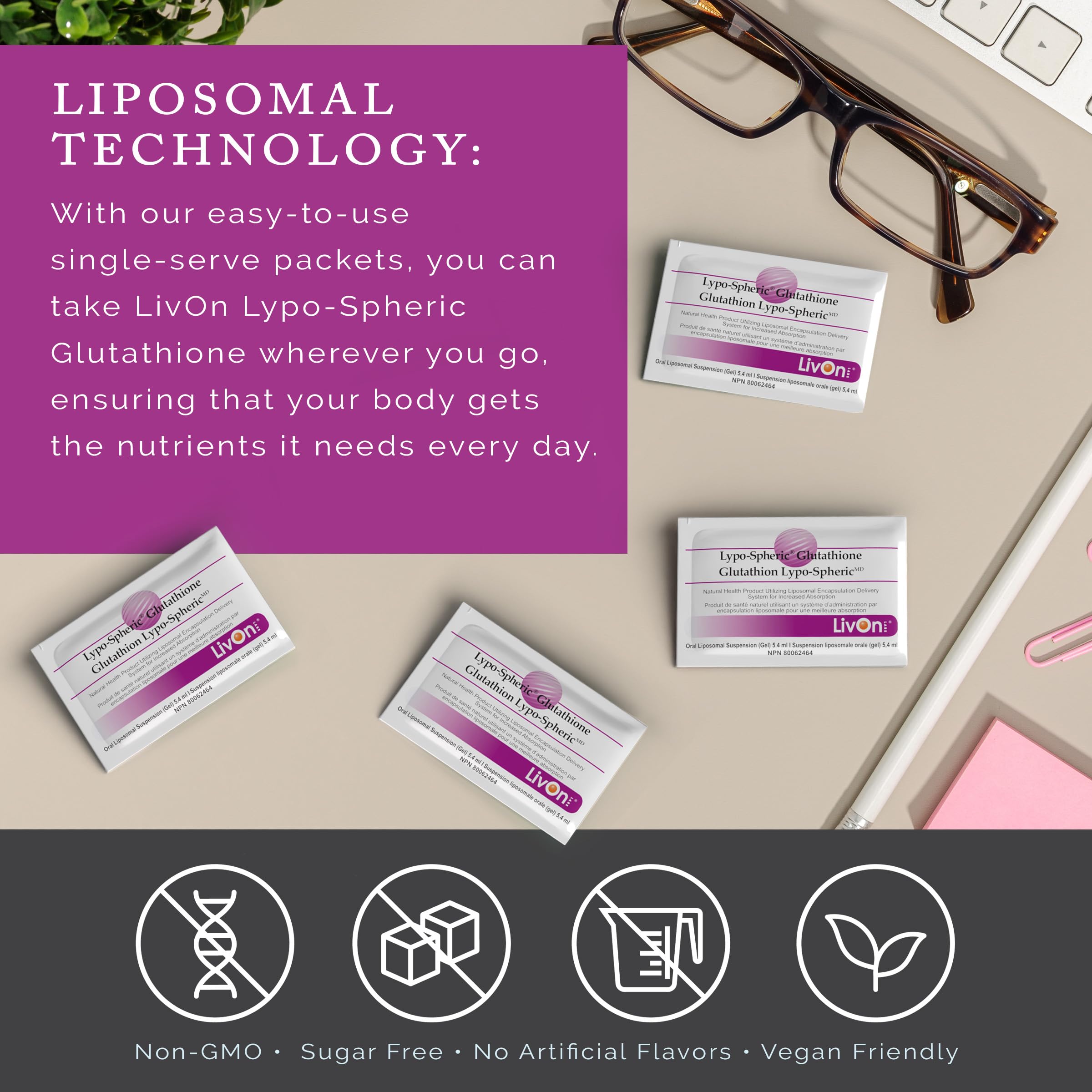 LivOn Glutathione liposomale – formule végane sans OGM, sans gluten ni lactose