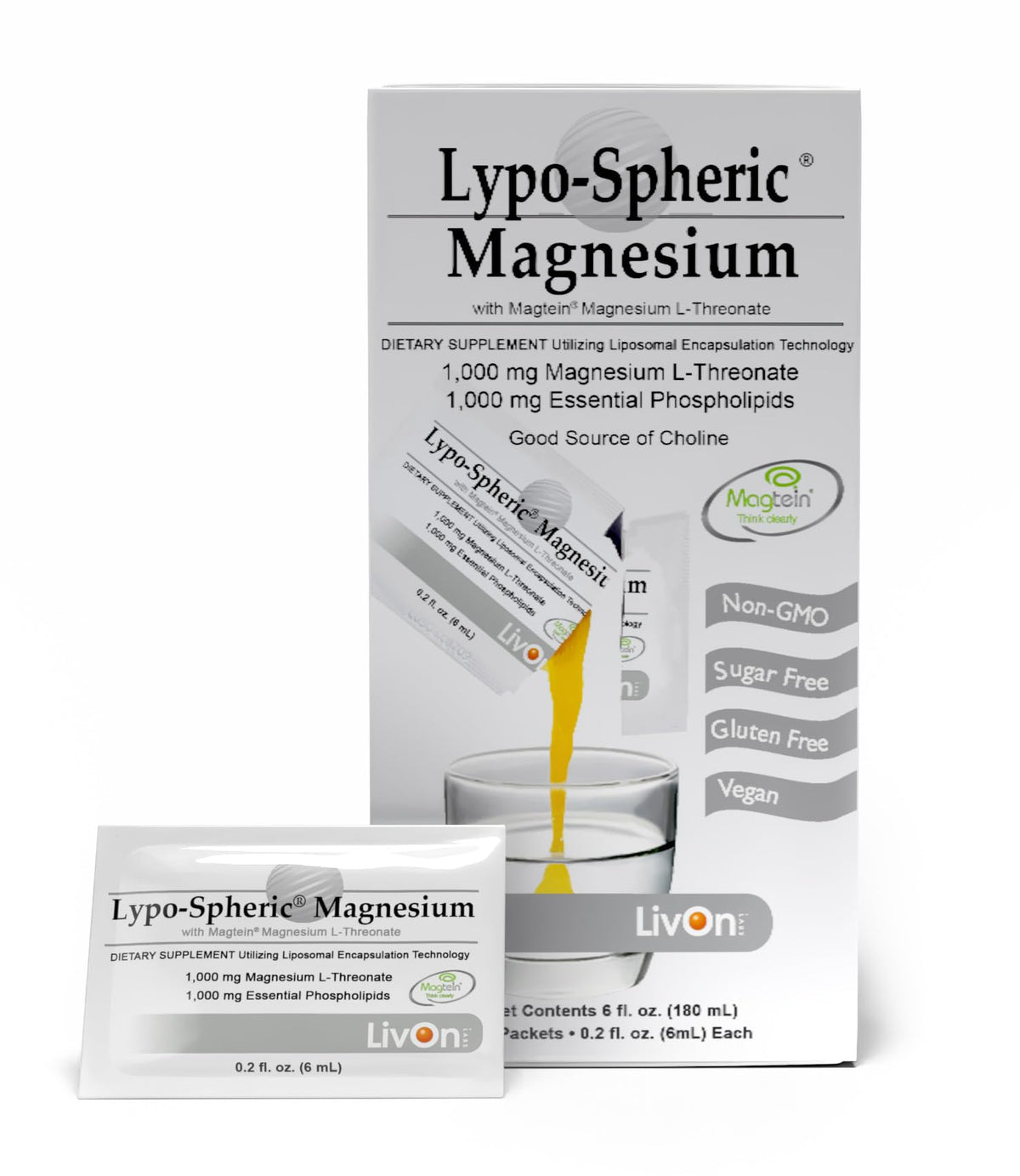 LivOn Magnésium L-thréonate liposomé en bouteille, absorption potentielle améliorée.