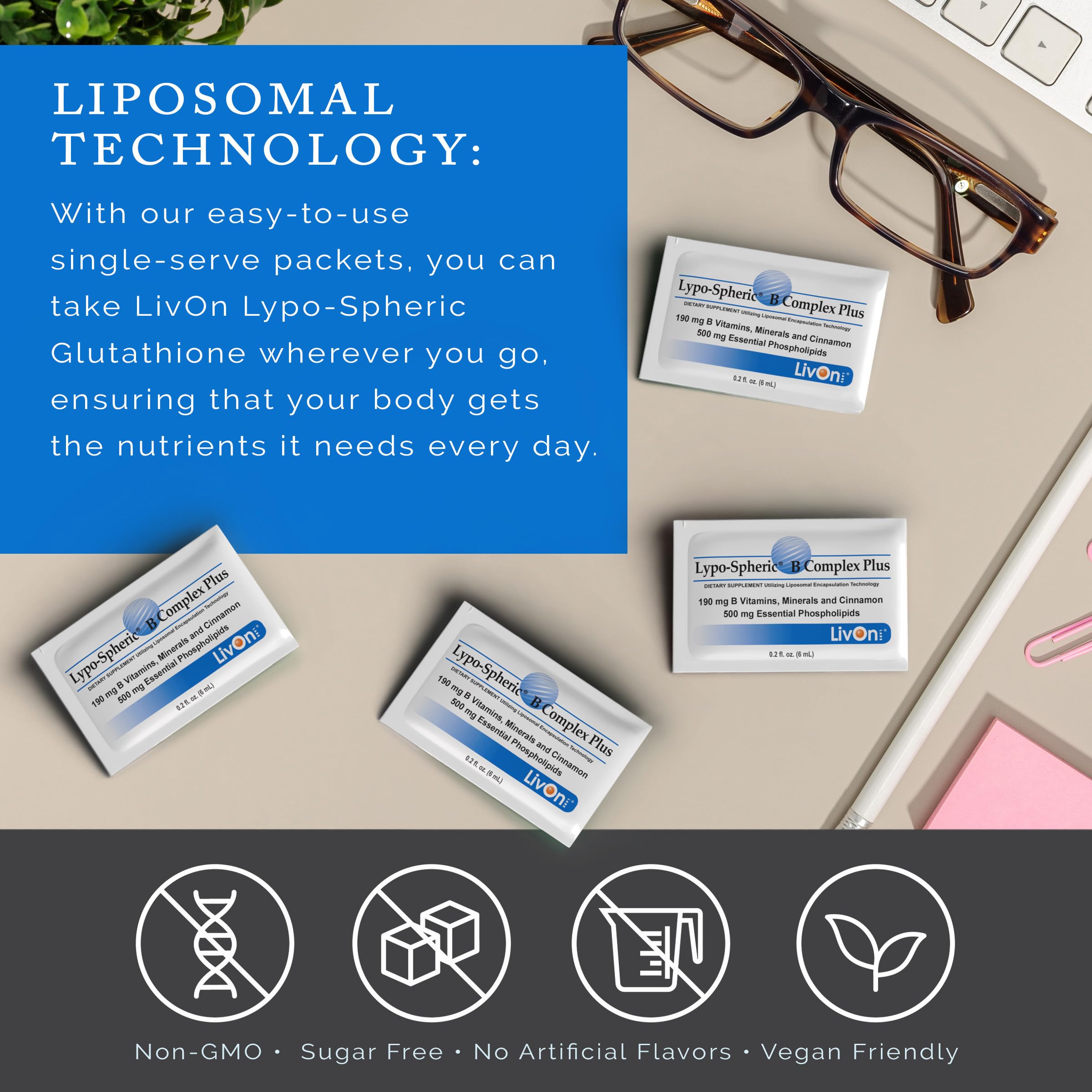 LivOn Lypo-Spheric B Complex Plus : étiquette sans gluten, sans produits laitiers ni sucre.