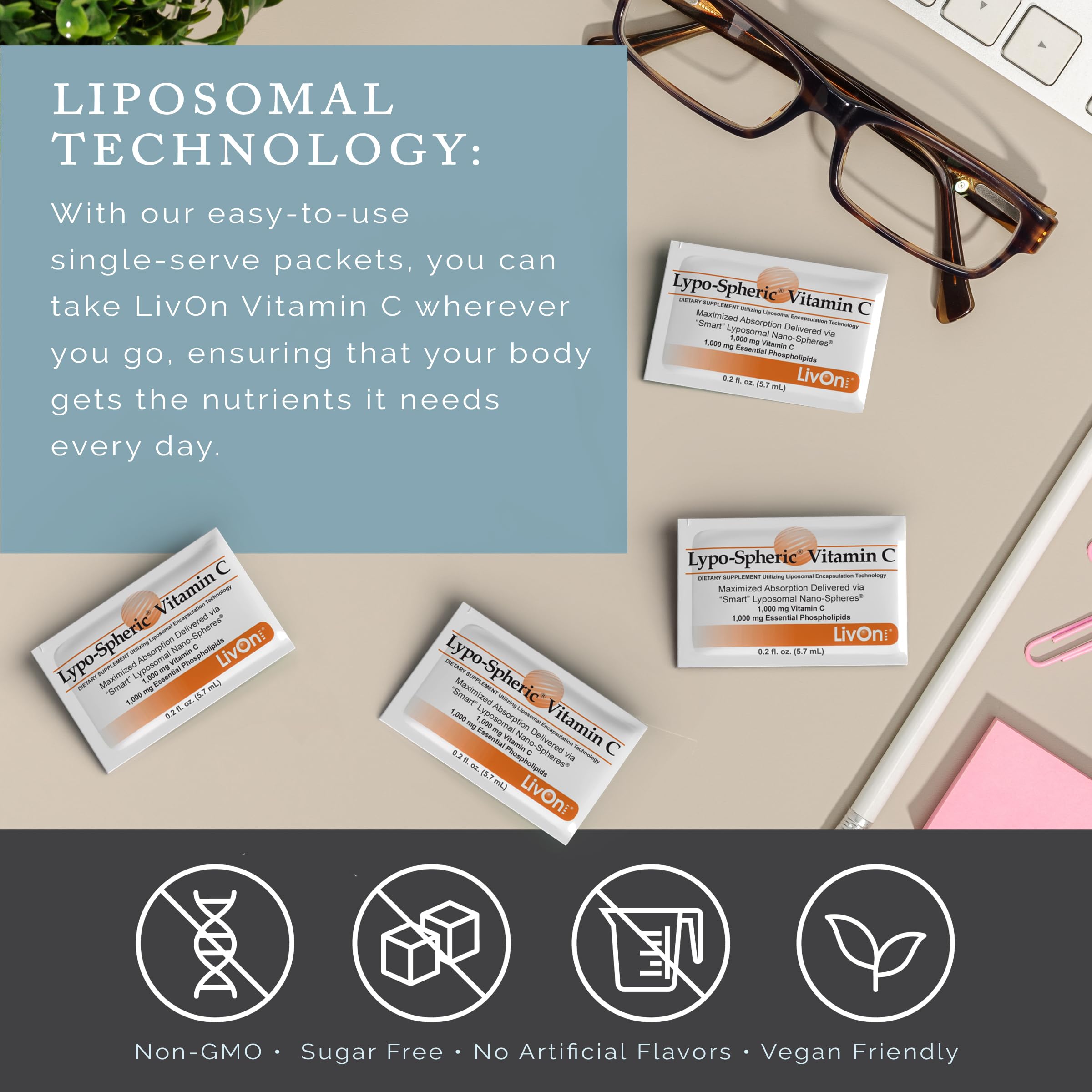 LivOn liposomal vitamine C, étiquette claire, instructions faciles.