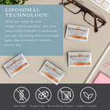 LivOn liposomal vitamine C, étiquette claire, instructions faciles.