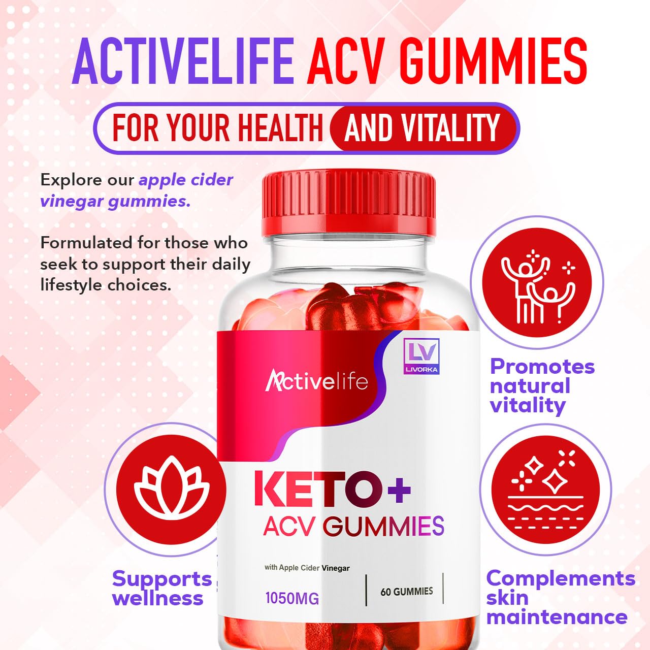 Gomme rouge LIVORKA ActivLife Keto ACV, texture agréable pour consommation rapide.