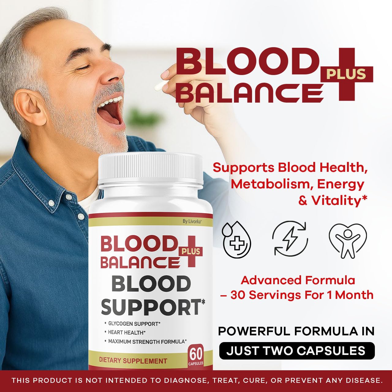 Bouteille BloodBalance Plus LIVORKA, capsules faciles à prendre, dose quotidienne pratique.