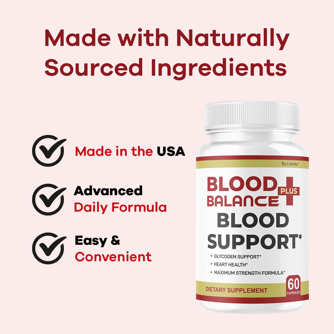 Ingrédients BloodBalance Plus LIVORKA, tableau clair des vitamines et minéraux.