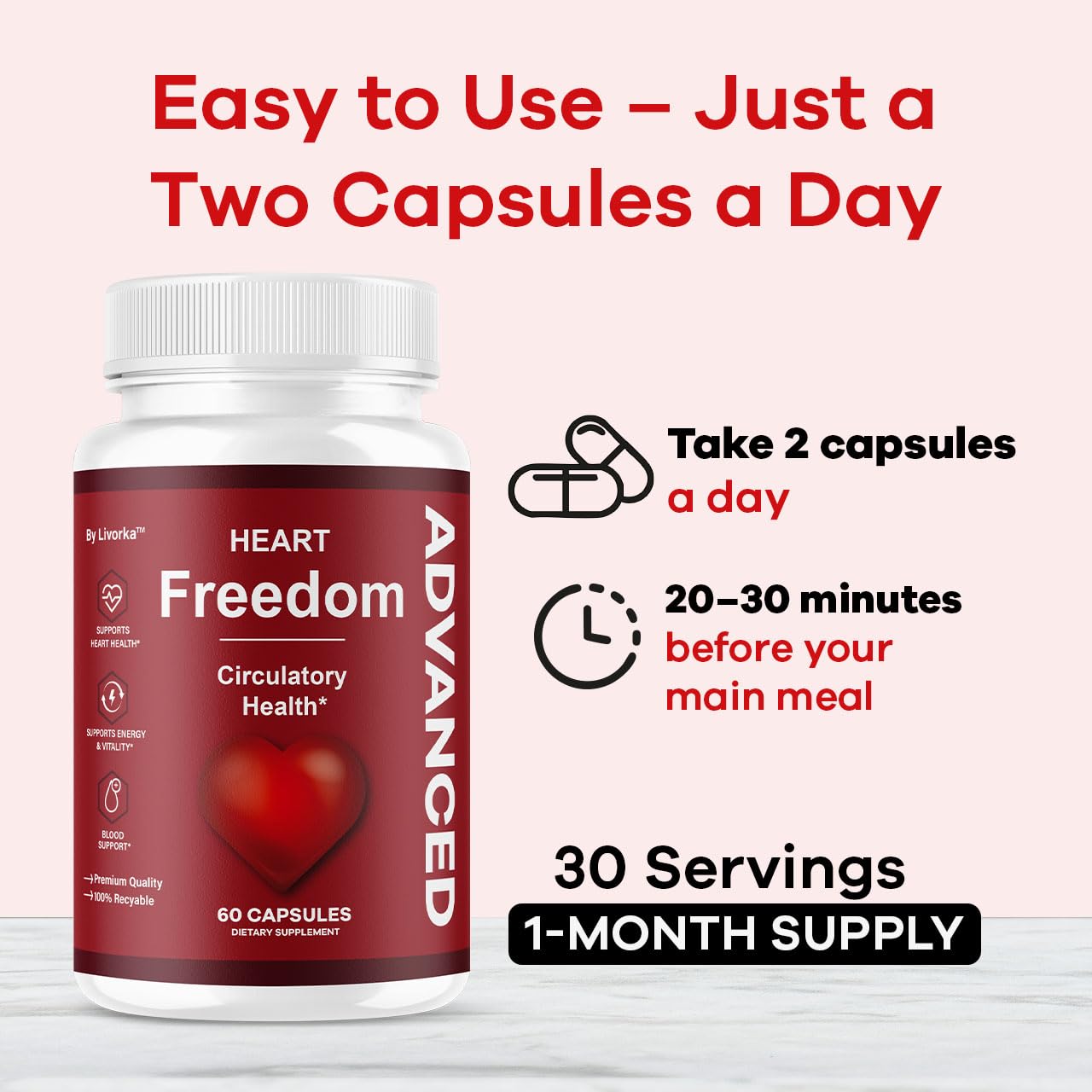 LIVORKA Cœur Liberté — capsules présentes dans la boîte, format pratique.