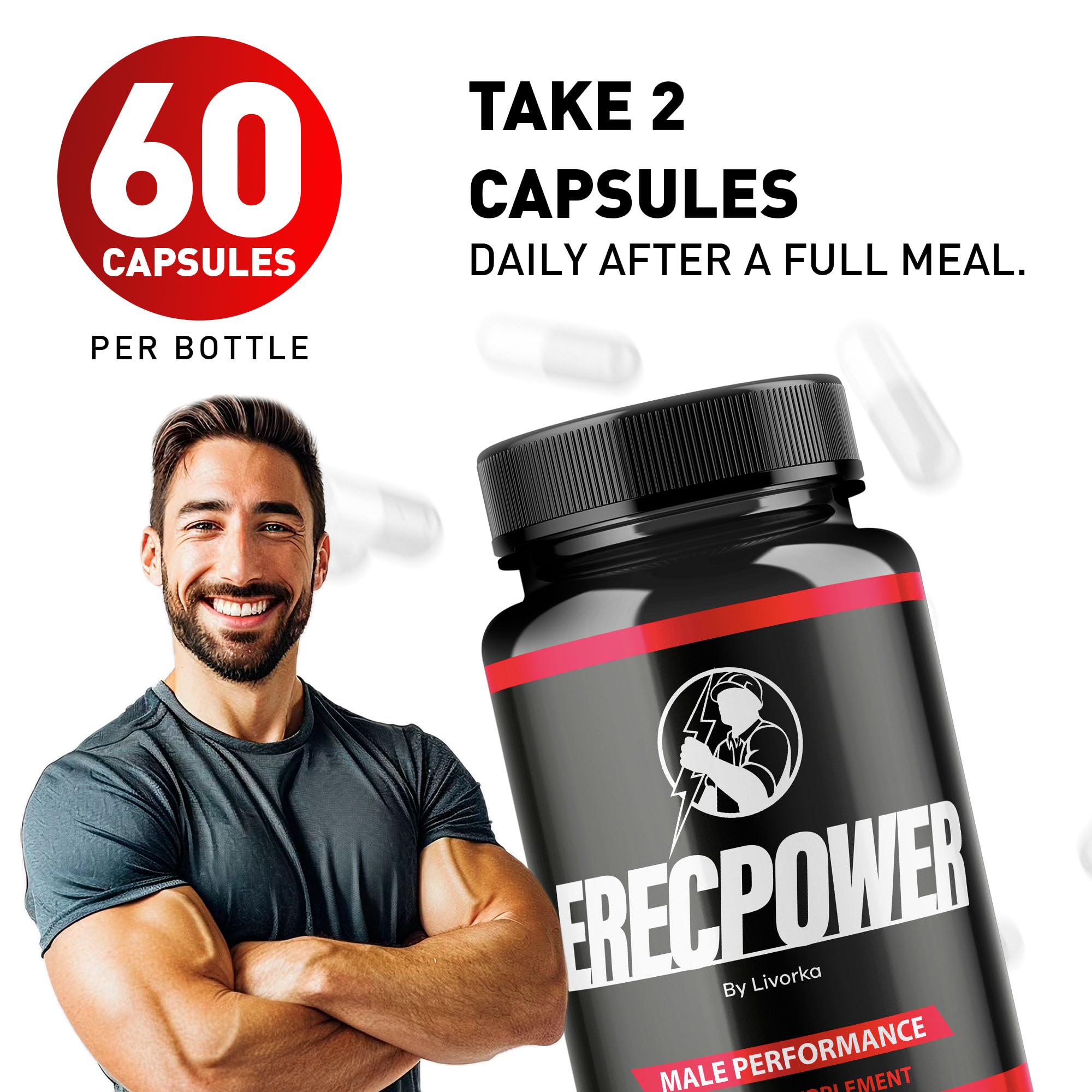 LIVORKA Erecpower — bouteille ouverte montrant les capsules, idéal pour une routine sportive.