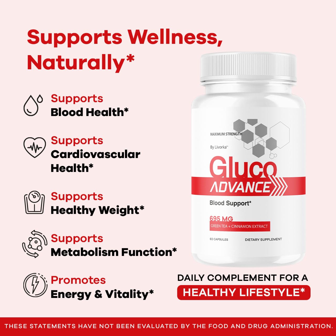 Étiquette Gluco Advance LIVORKA sur l'emballage indiquant des ingrédients naturels.