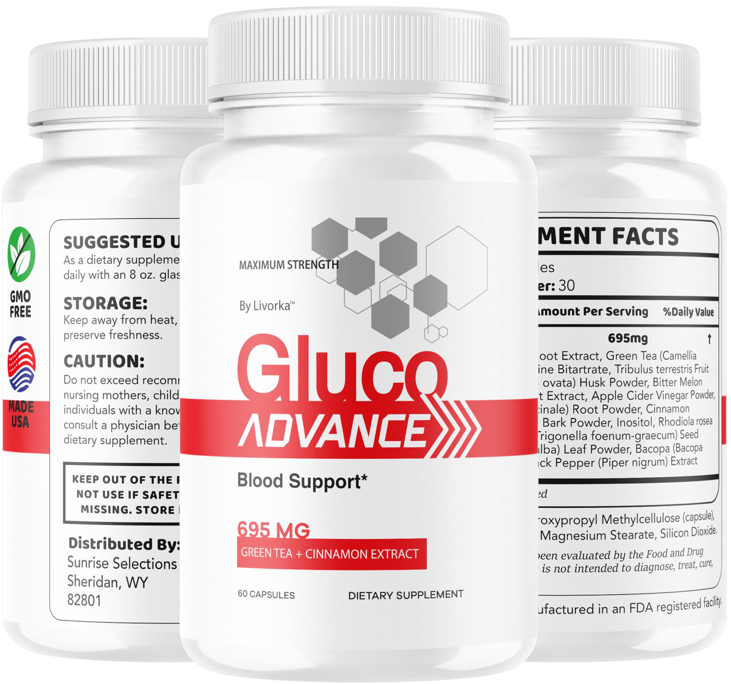 Tableau nutritionnel clair des ingrédients Gluco Advance LIVORKA.