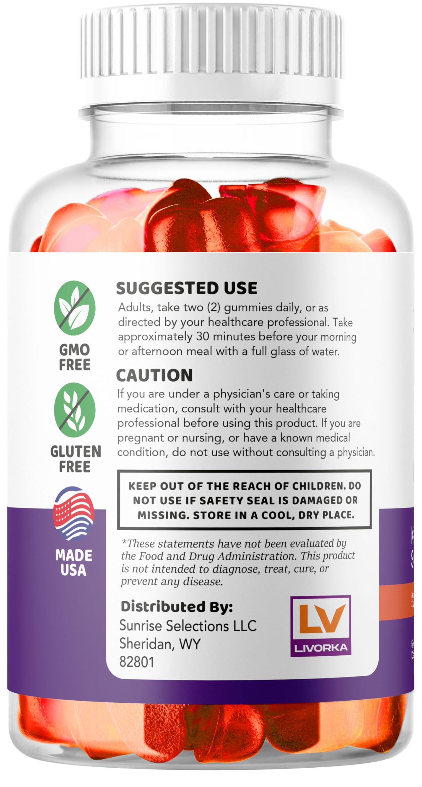 Bocal transparent LIVORKA Keto ACV révélant les gommes faciles à prendre.