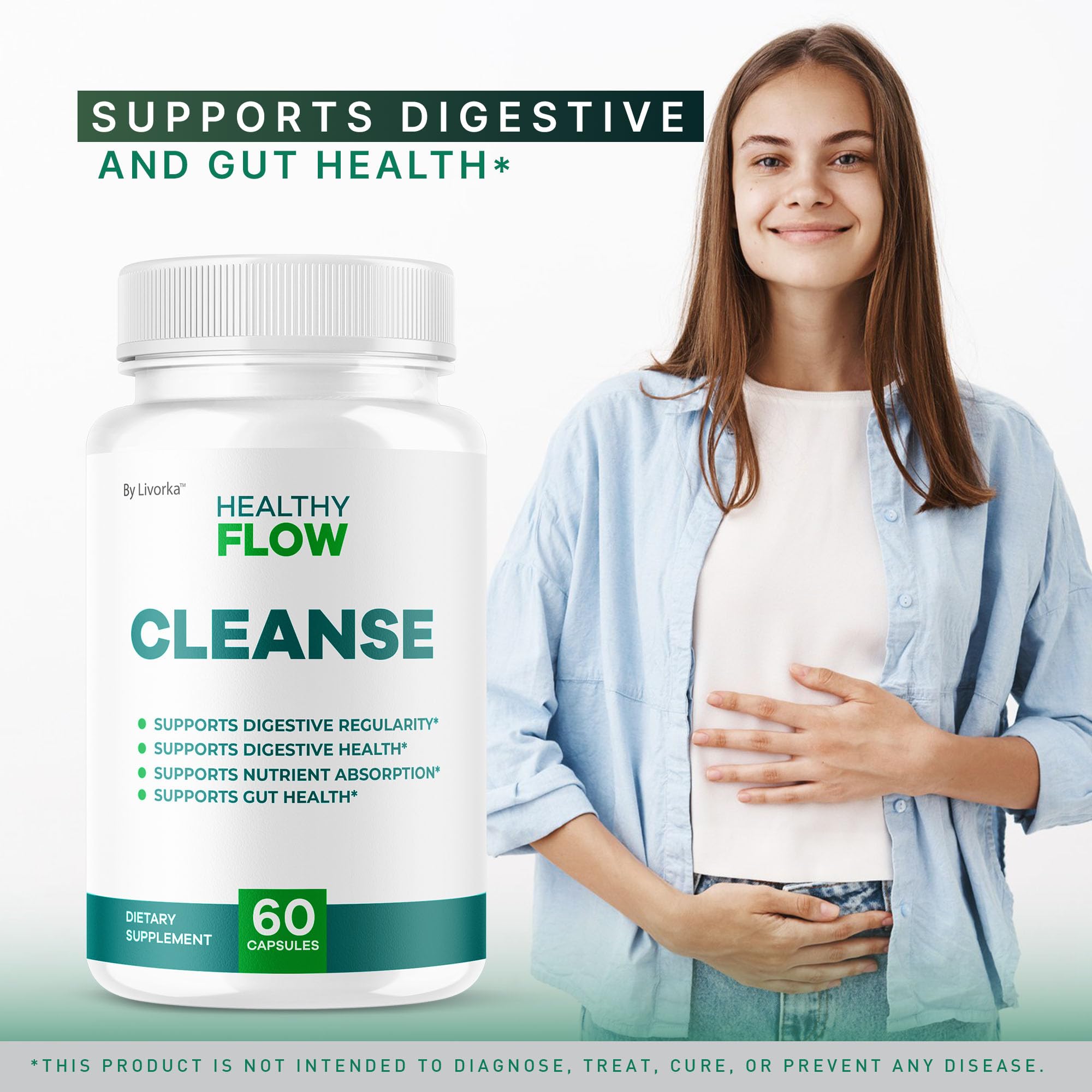 LIVORKA HealthyFlow Cleanse - étiquette et emballage reflétant une approche naturelle.