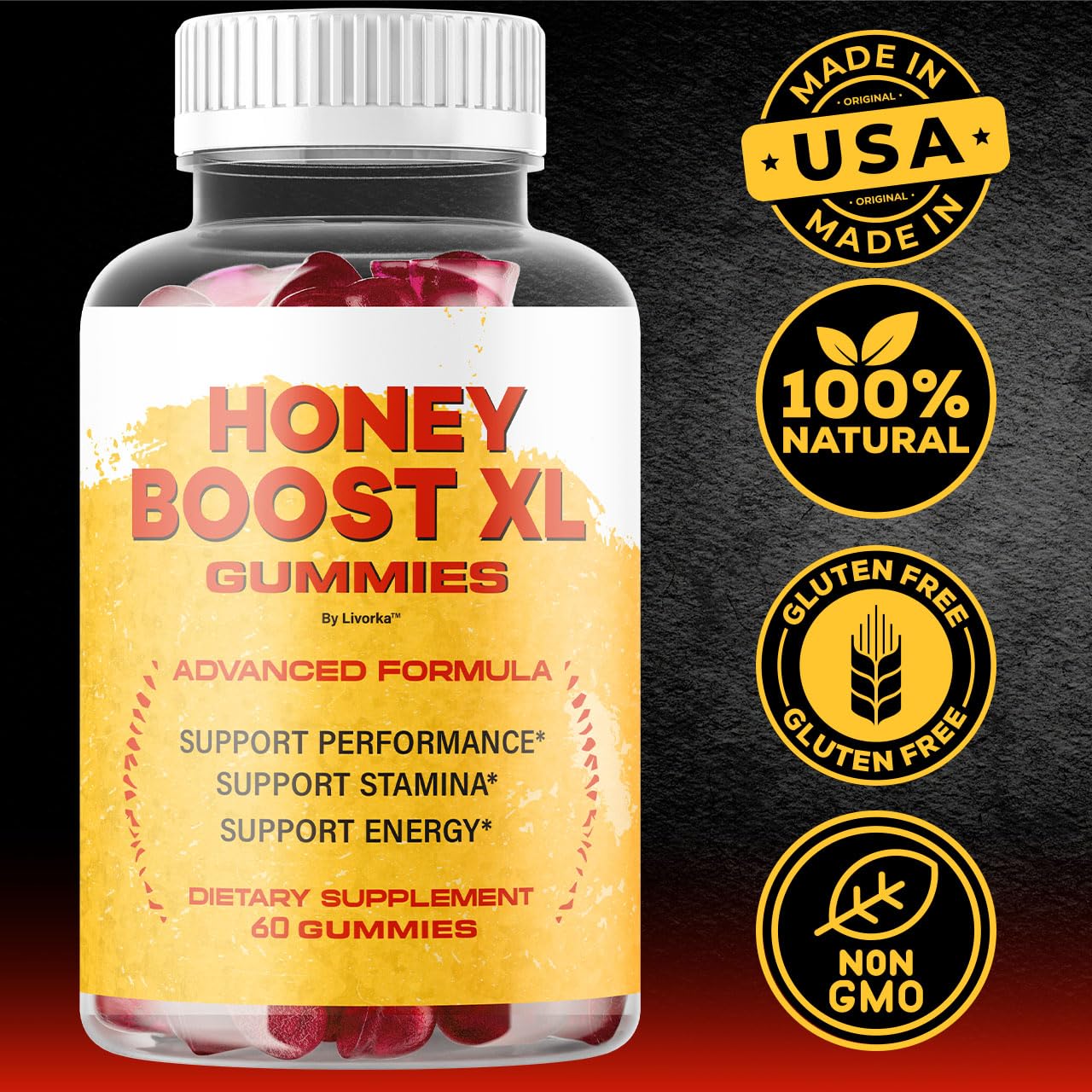 LIVORKA Honey Boost XL, gommes au goût miel et texture agréable.