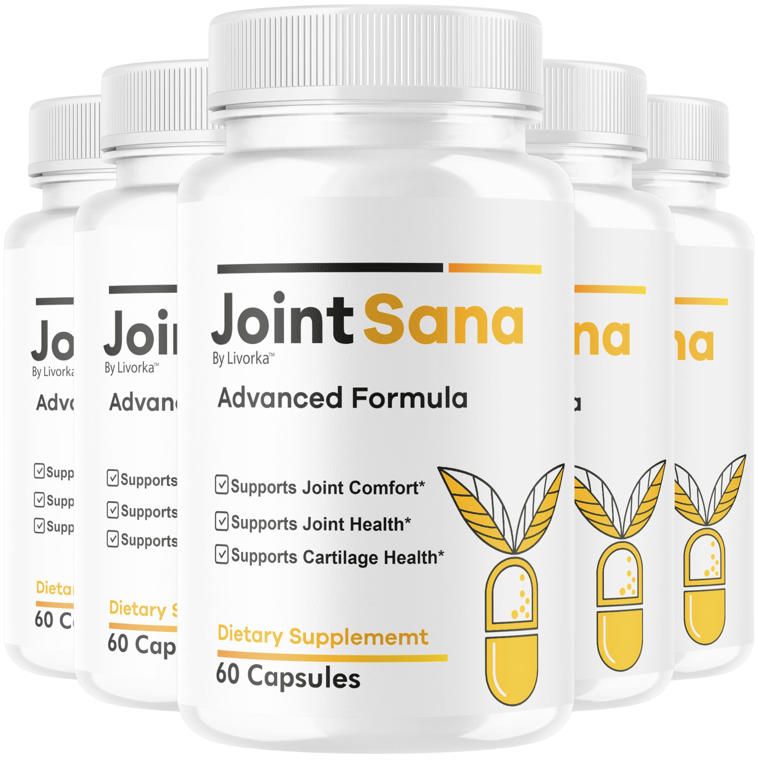 Livorka Joint Sana – bouteille montrant des capsules faciles à avaler pour le quotidien.