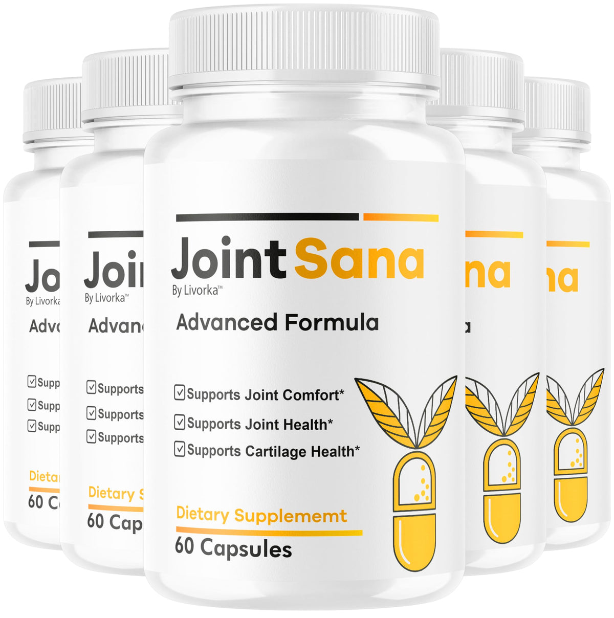 Livorka Joint Sana – bouteille montrant des capsules faciles à avaler pour le quotidien.