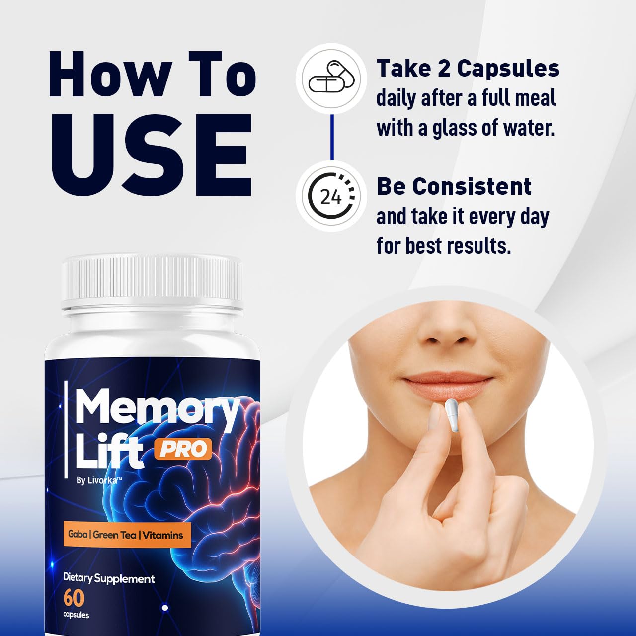 Bouteille Memory Lift Pro LIVORKA sur table avec dosage simple.