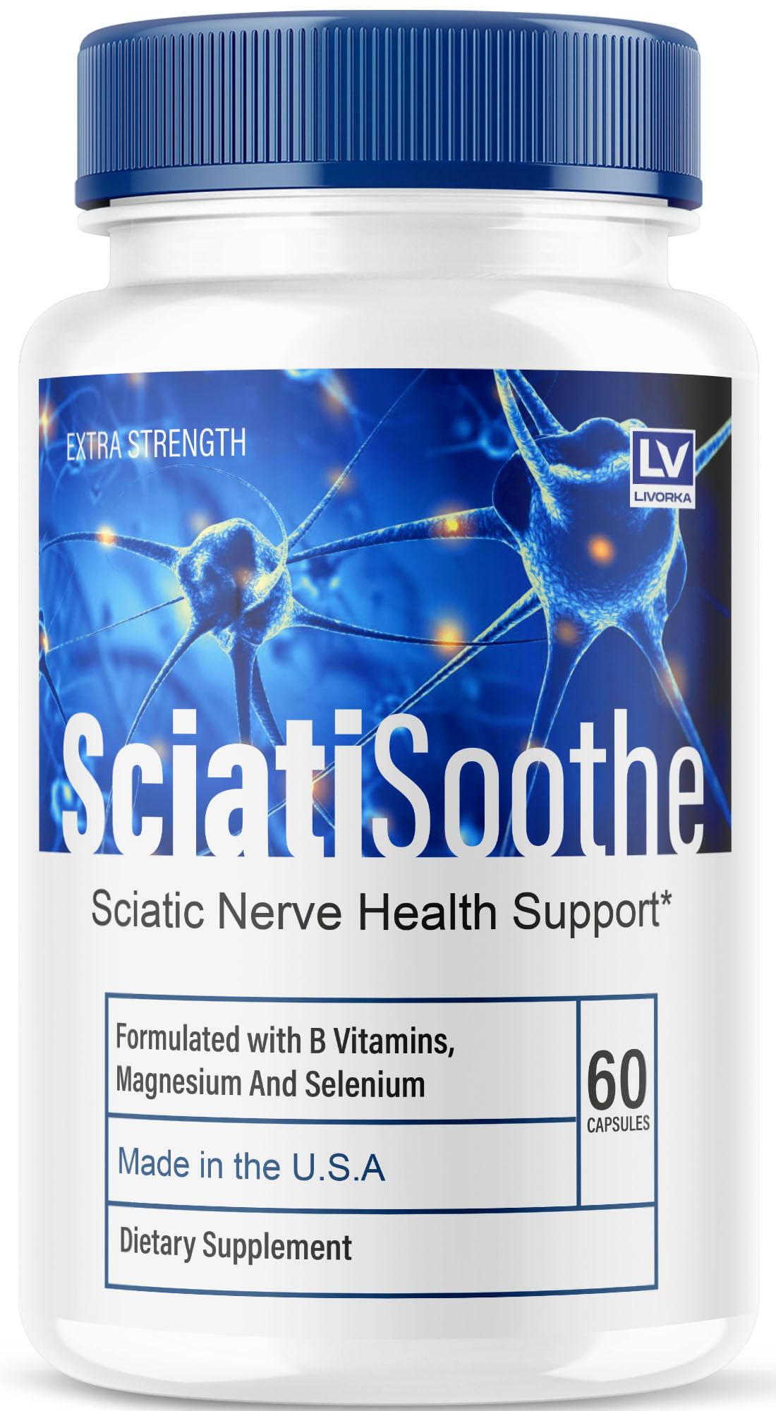 LIVORKA SciatiSoothe – bouteille ouverte, prise rapide et pratique.