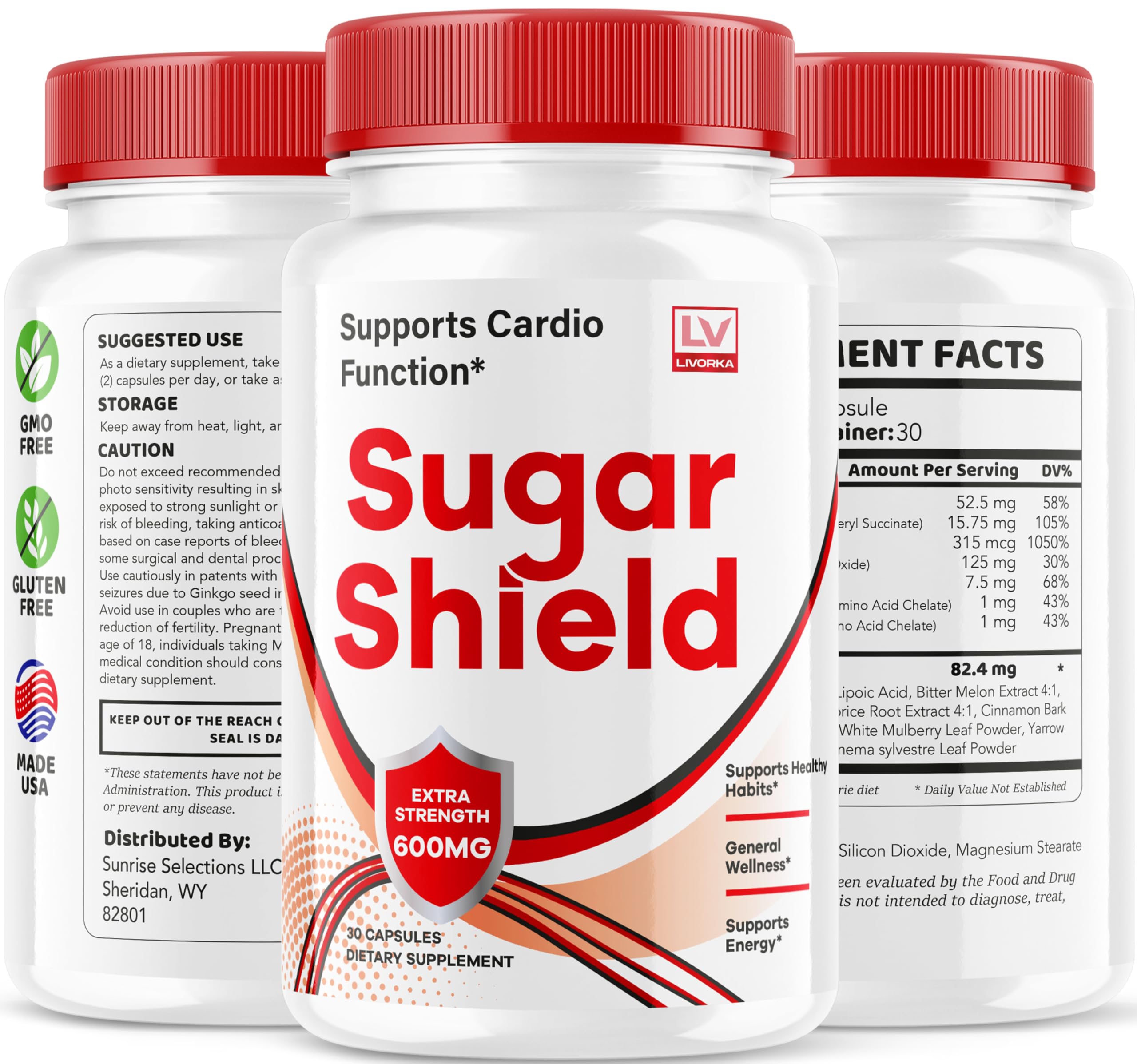 Etiquette Sugar Shield LIVORKA affiche les ingrédients et usages.