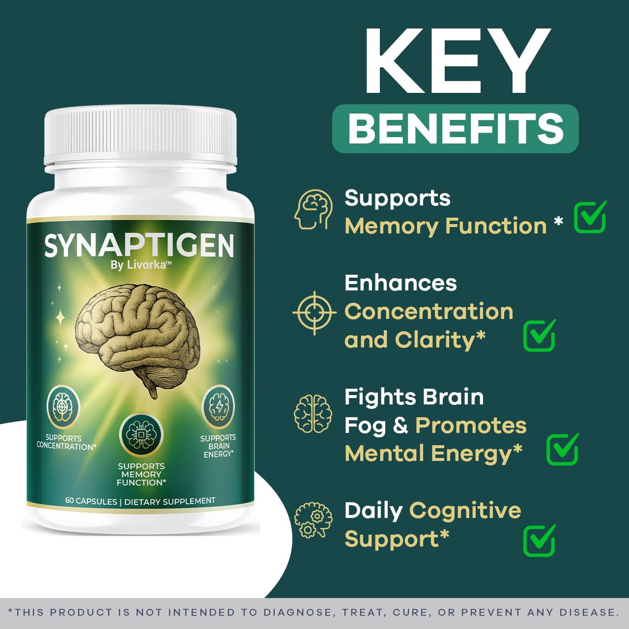LIVORKA Synaptigen – gros plan sur les capsules, formulation naturelle.