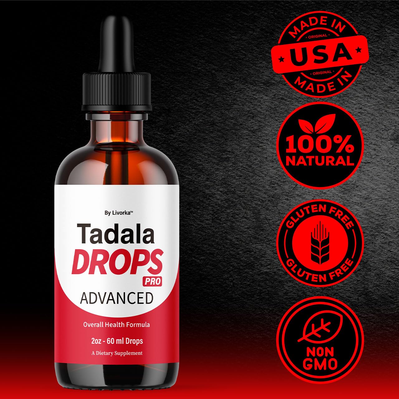 LIVORKA Tadala Drops Pro : flacon transparent montrant la couleur du liquide.