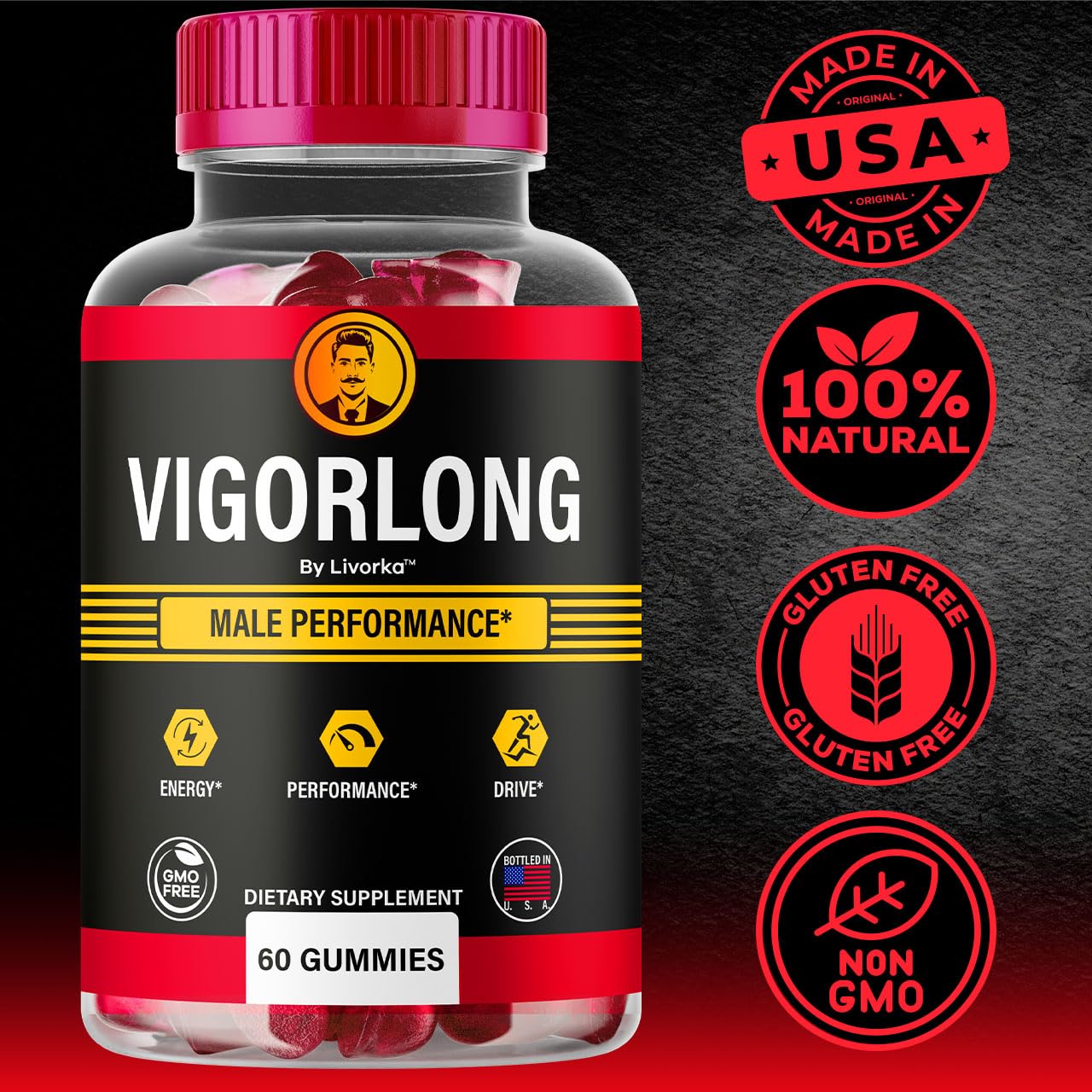 Gommes Vigorlong LIVORKA, ingrédients naturels visibles, confiance et transparence.