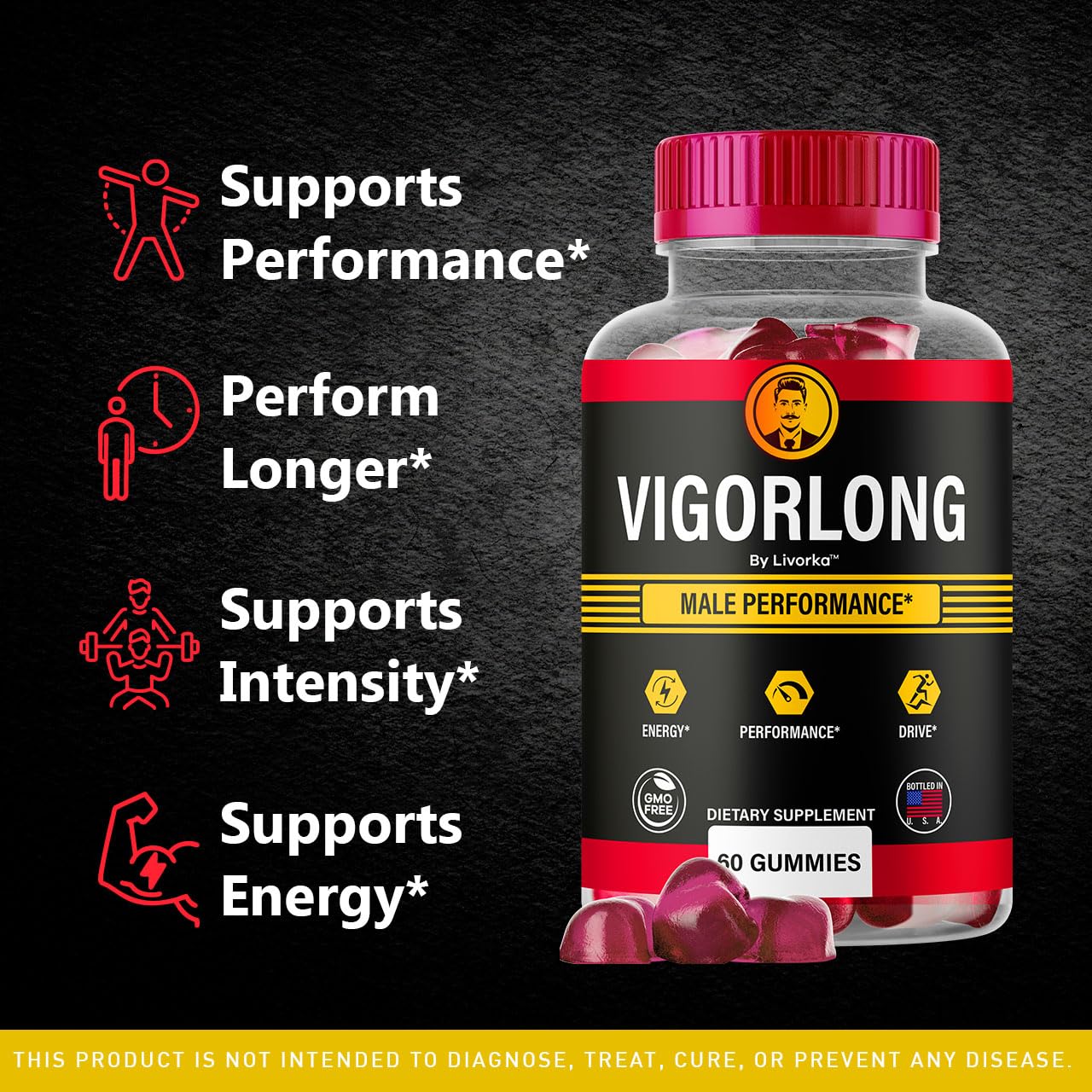 Gommes Vigorlong par LIVORKA, paquet visuel clair, soutien potentiel à l'endurance quotidienne.