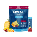 LivPur Hydrate poudre électrolyte saveur fruits et agrumes pour hydratation rapide.