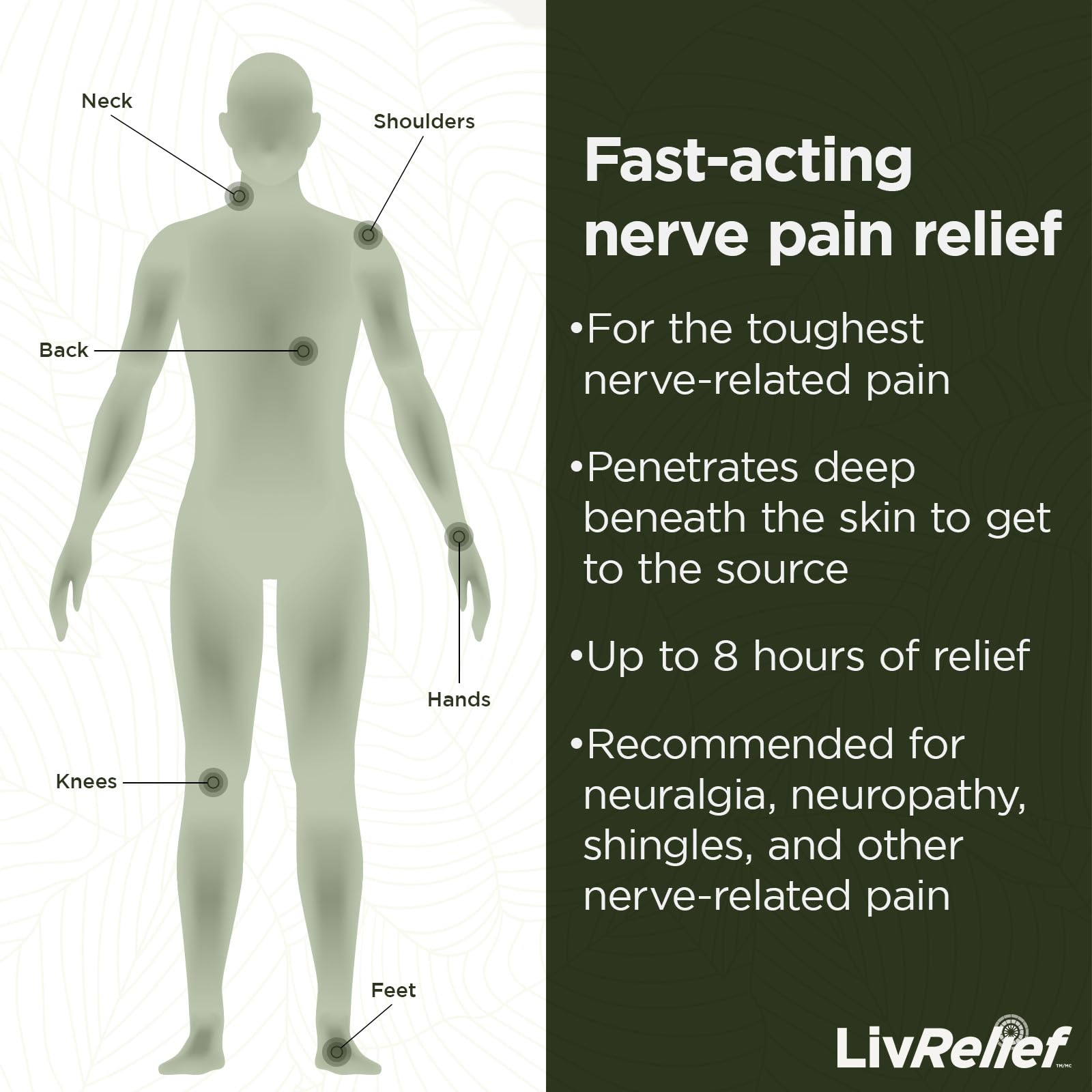 Application LivRelief Nerve Pain Relief, texture légère et absorbante.