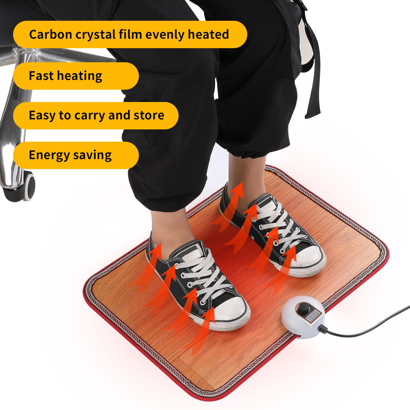 Livtribe Tapis Chauffant utilisé avec des chaussures au bureau.