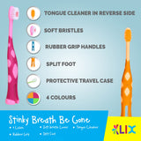 Brosse dents enfant Lix adaptée au bord de gobelet, pratique pour le rinçage.