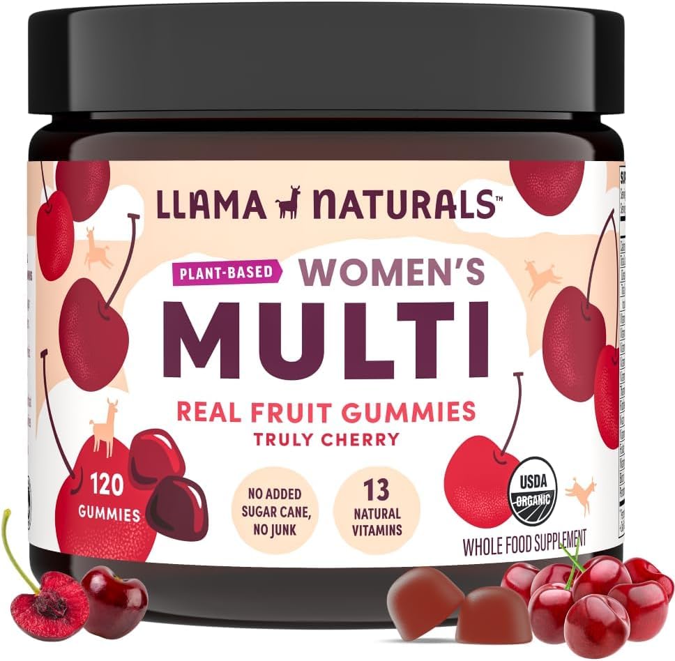 Bouteille Gommes Llama Naturals cerise offrant un soutien nutritionnel quotidien sans sucre ajouté.