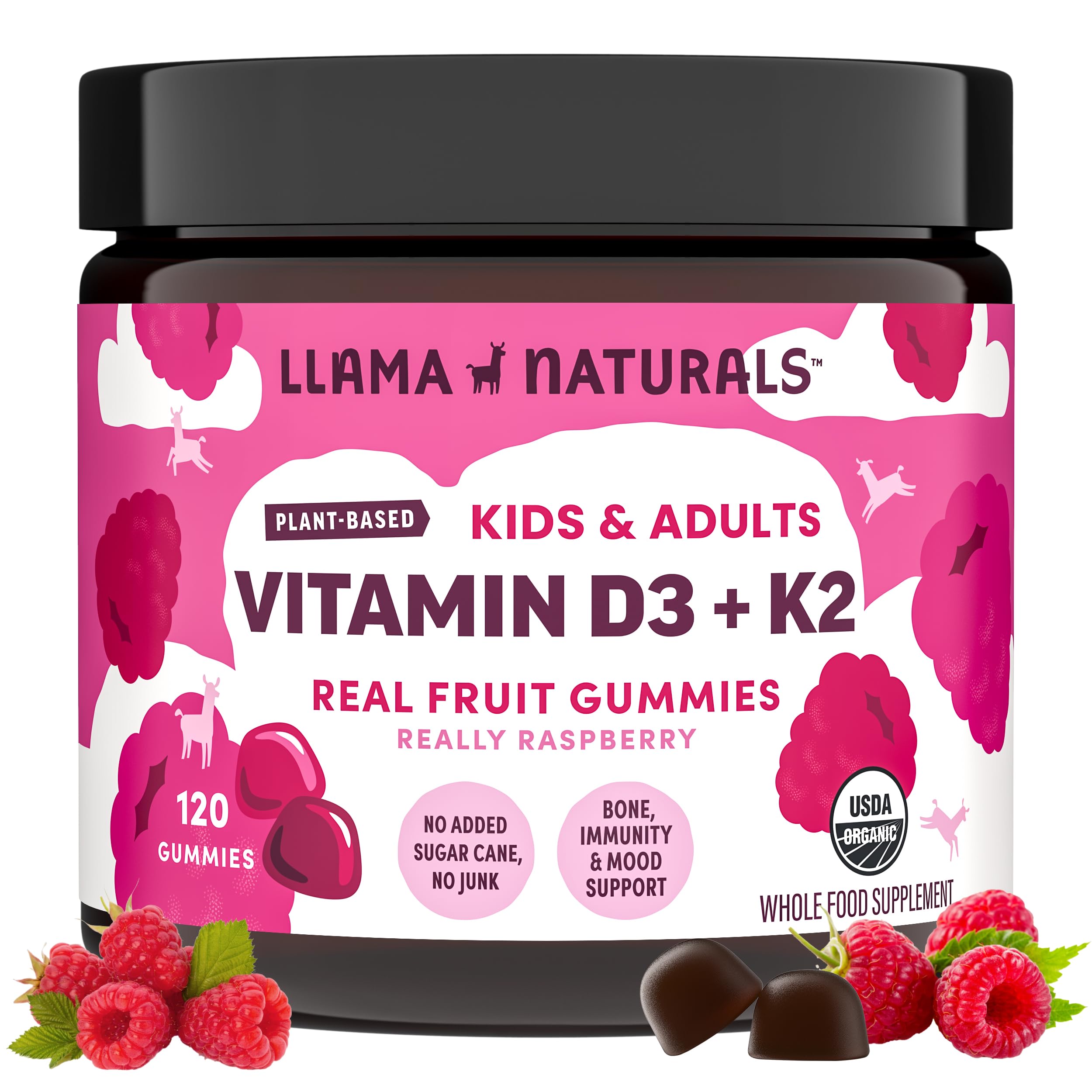 Llama Naturals – bouteille de gommes D3 K2, soutien quotidien des os.