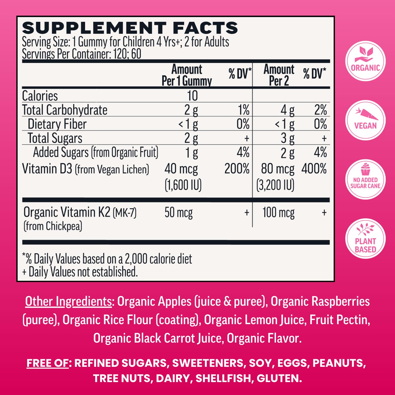 Gommes Llama Naturals D3 K2, saveur framboise naturelle, faciles à mâcher.