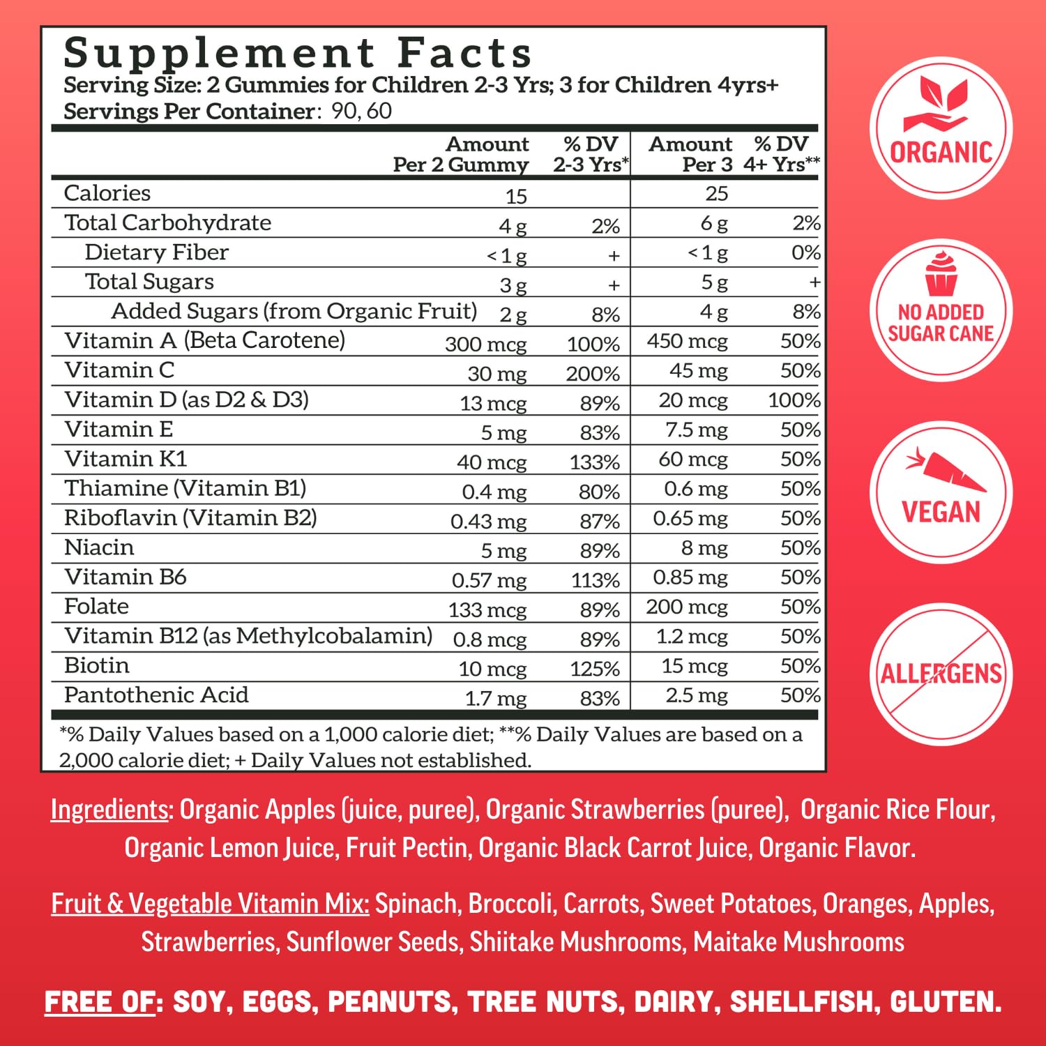 Gommes Llama Naturals présentant 13 vitamines essentielles.