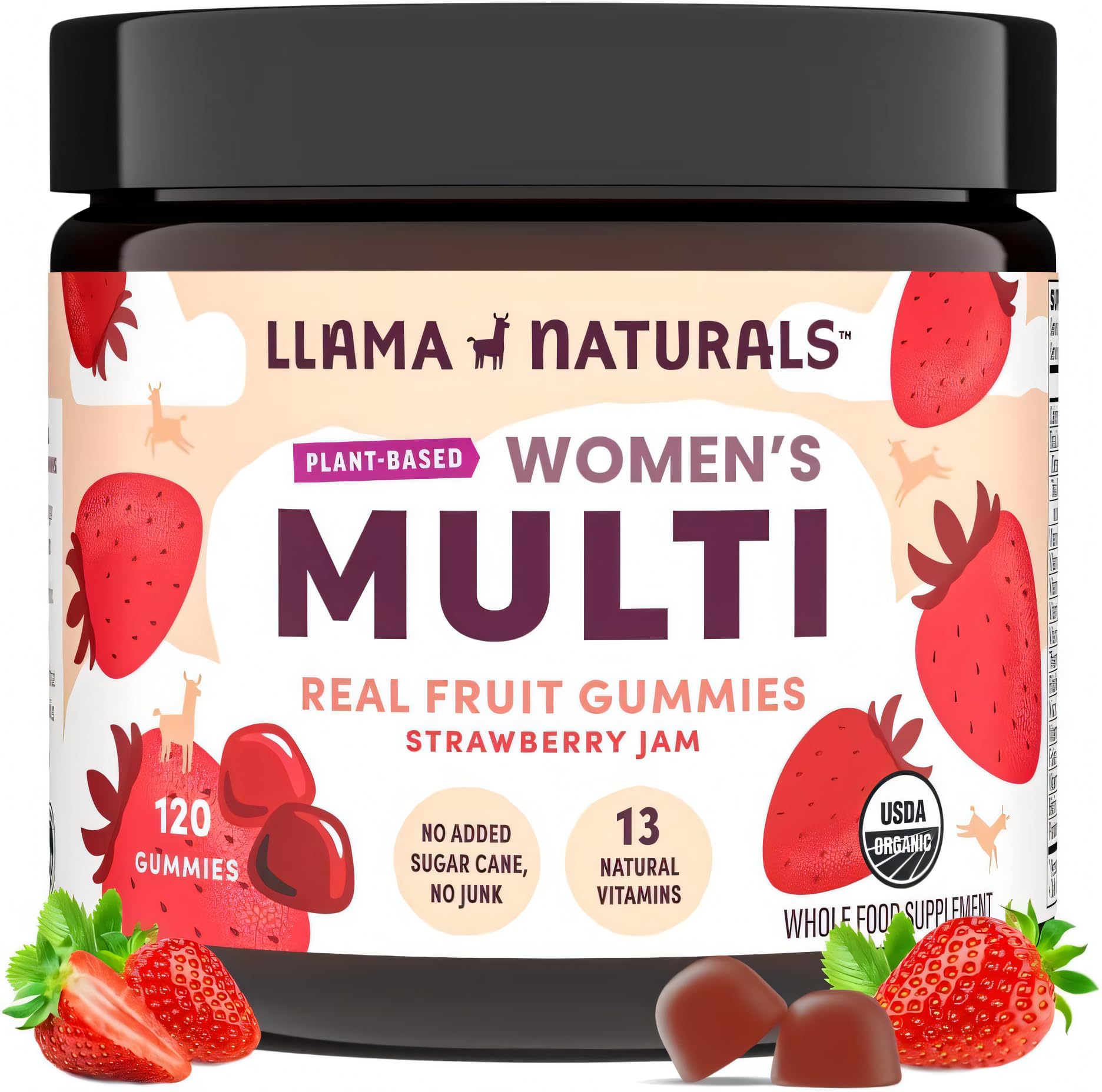 Gommes Llama Naturals pour femmes, goût fraise, emballage pratique.