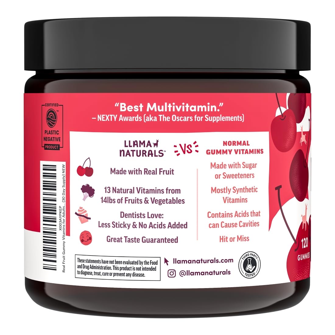 Emballage Llama Naturals: ingrédients issus de fruits biologiques et sans sucre ajouté.