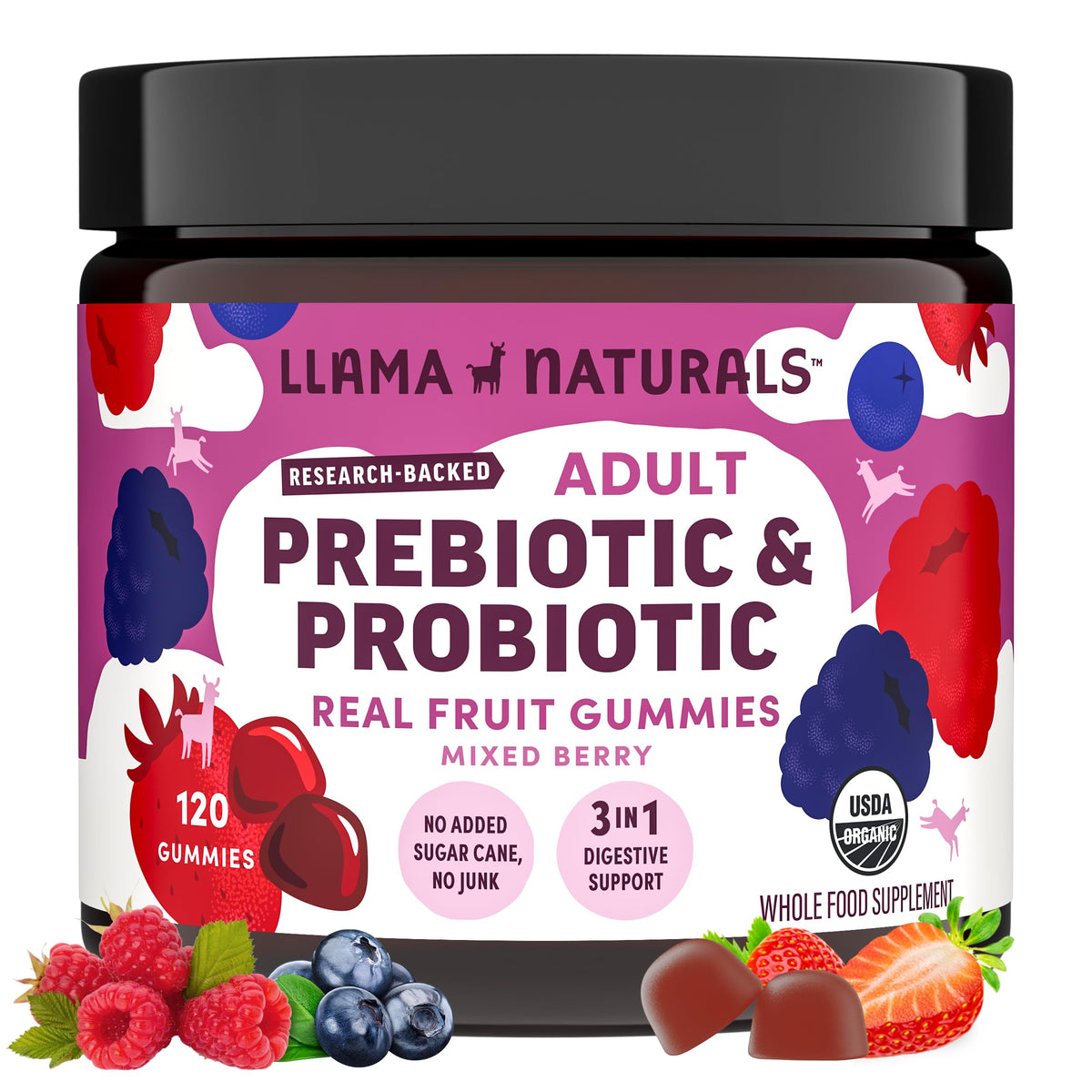 Gommes probiotiques Llama Naturals dans une bouteille, soutien potentiel du microbiote.