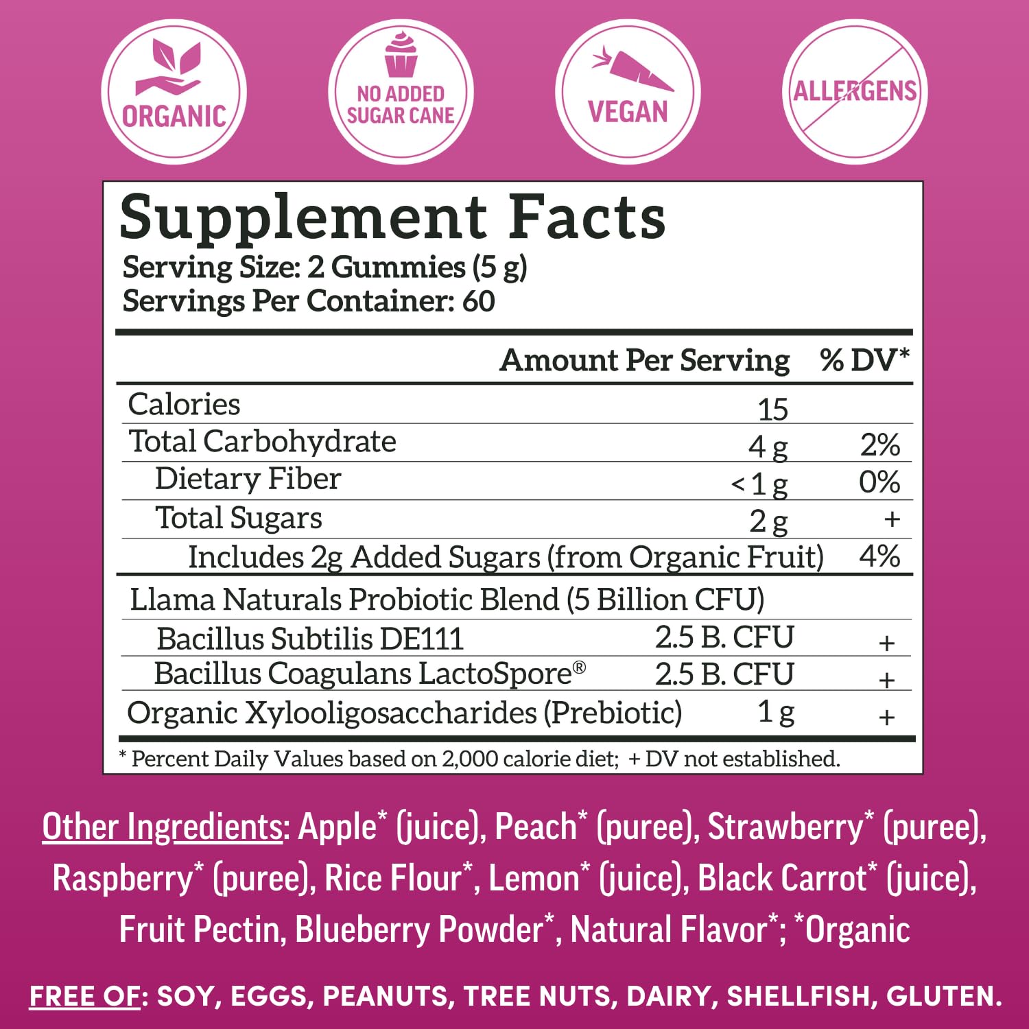 Étiquette biologique Llama Naturals, liste d'ingrédients prébiotiques et probiotiques.