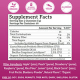 Étiquette biologique Llama Naturals, liste d'ingrédients prébiotiques et probiotiques.