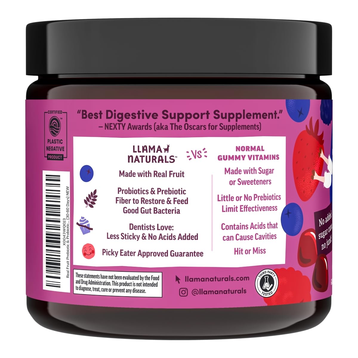 Probiotiques et prébiotiques Llama Naturals, enrobage de fruits bio pour enfants.