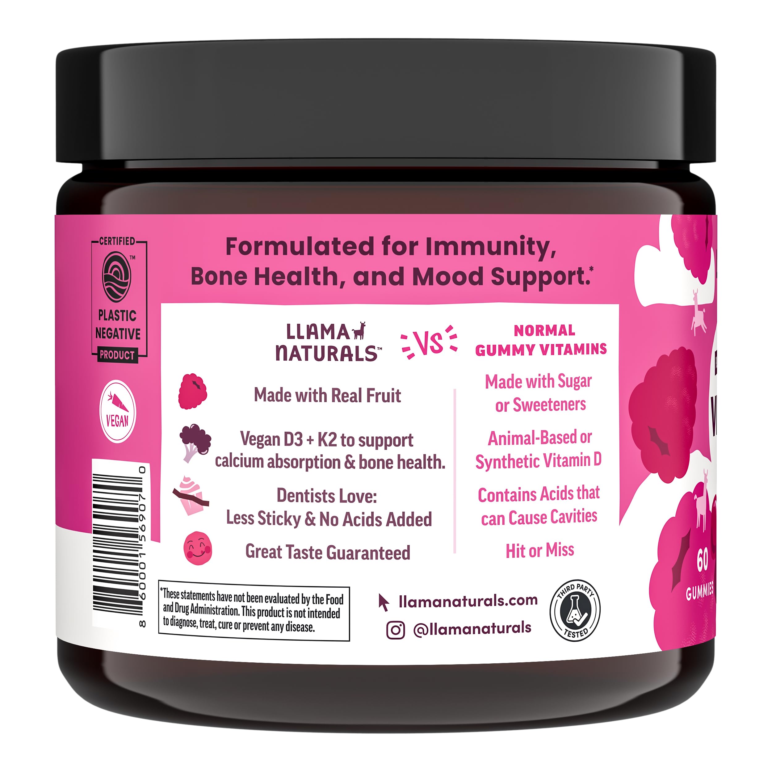 Gommes D3 Llama Naturals : fruits réels et goût framboise