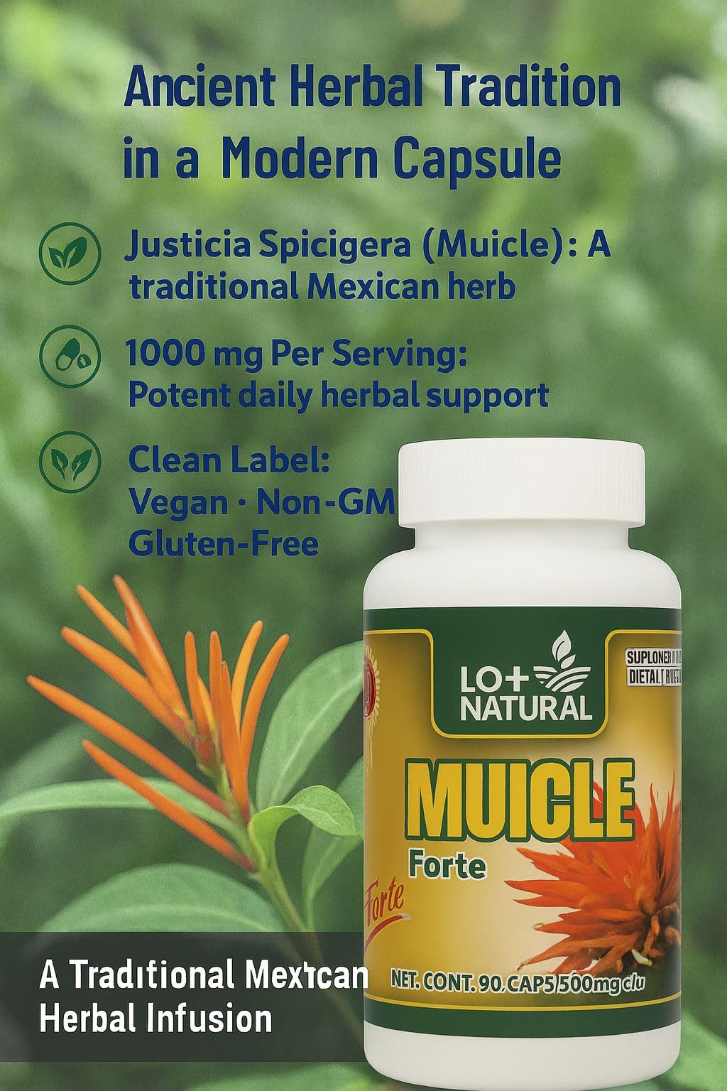 Justicia spicigera – plante Muicle LO+NATURAL visible dans la composition.