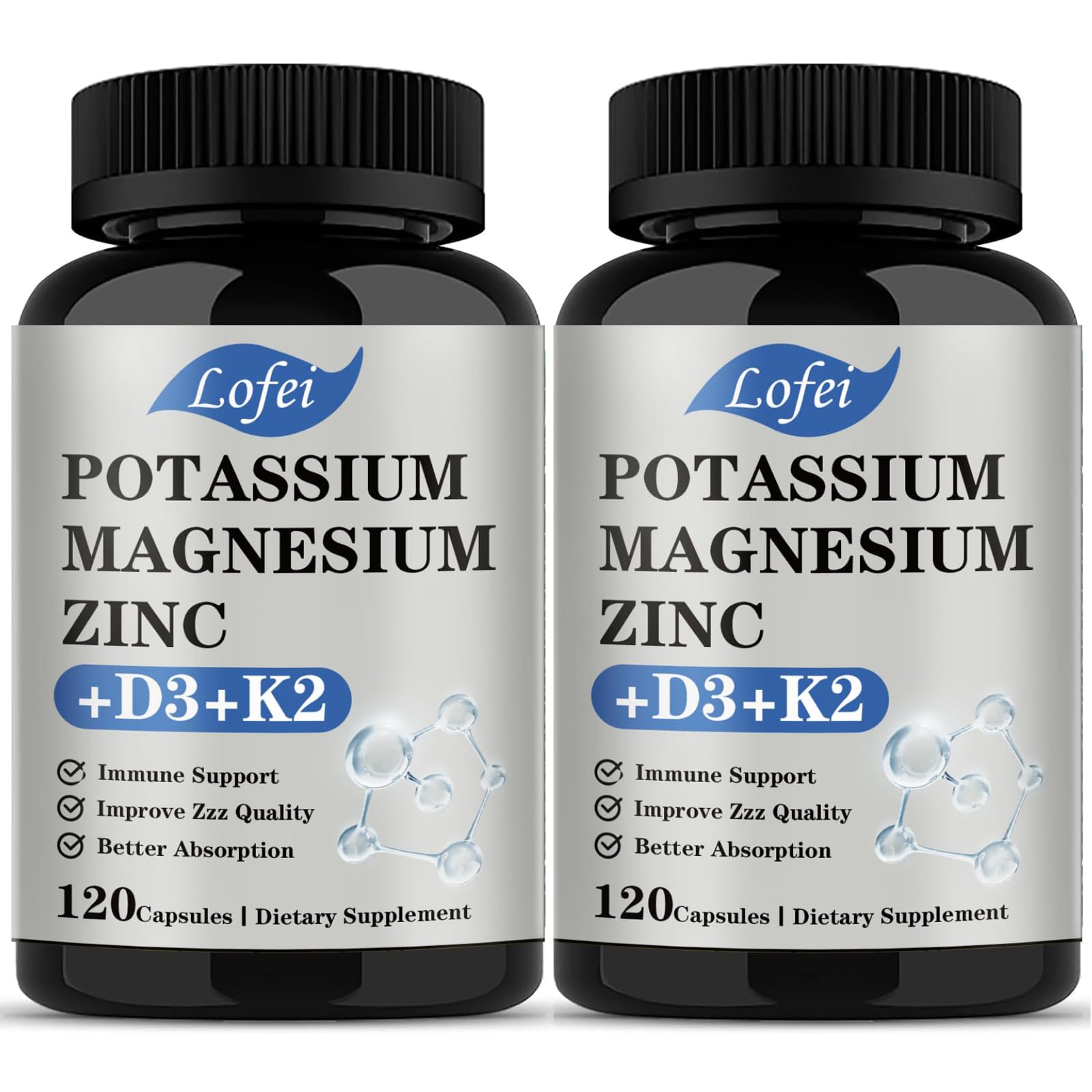 Bouteille Lofei de capsules Potassium Magnésium, pratique pour l'usage quotidien et l'équilibre électrolytique