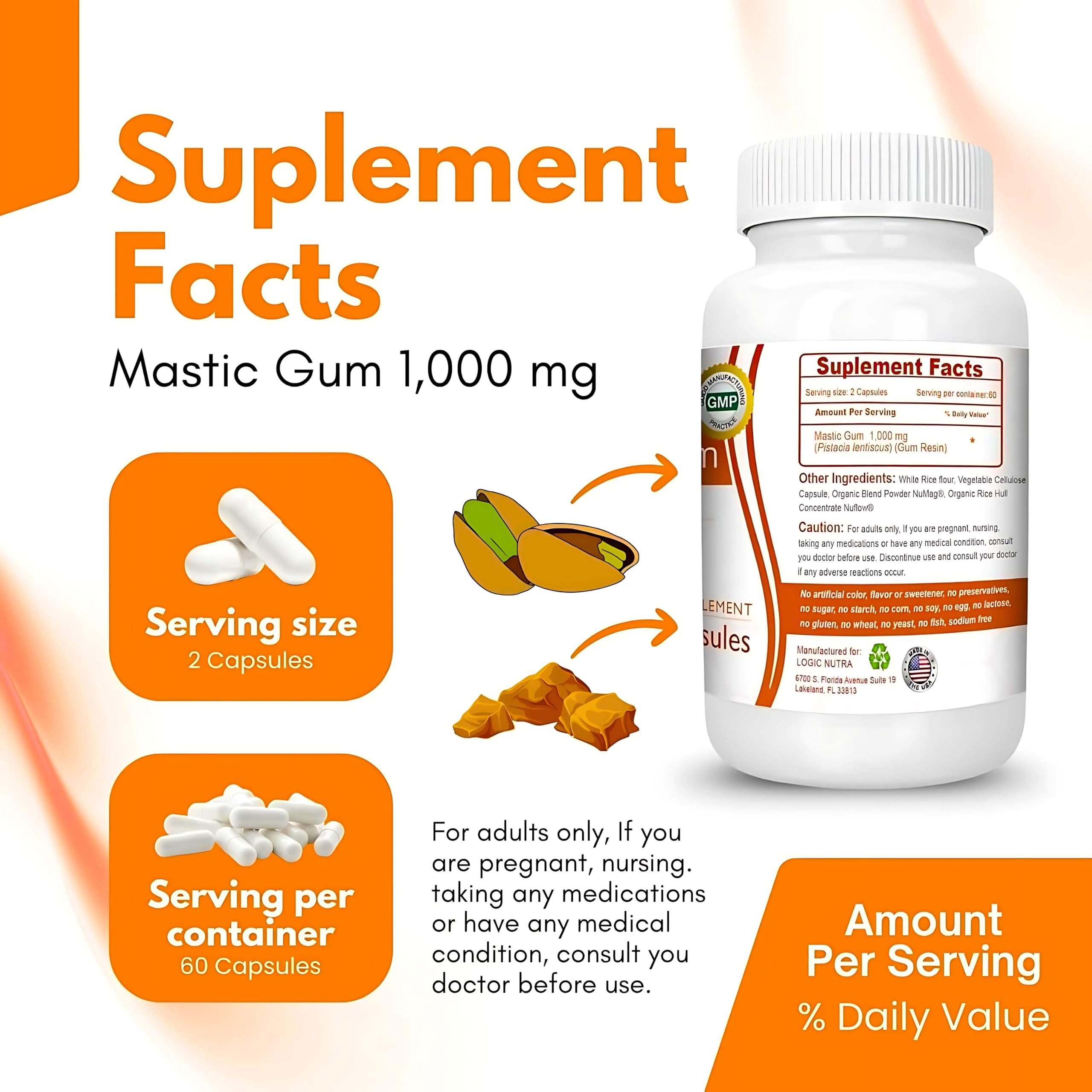 Logic Nutra Premium Mastic Capsules – dosage 1000 mg pour un soutien digestif naturel.