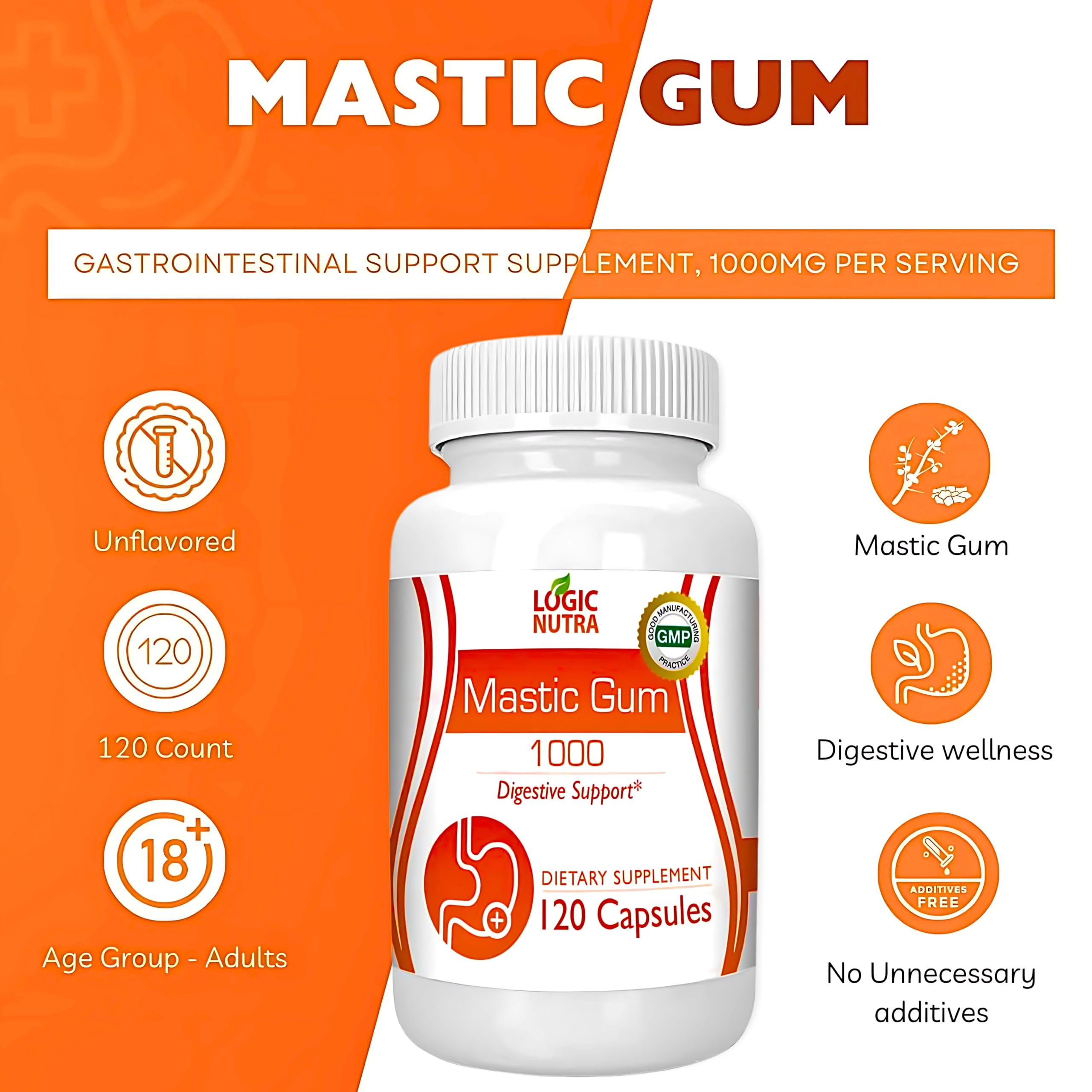 Logic Nutra Premium Mastic Capsules – étiquette claire et ingrédients de qualité.