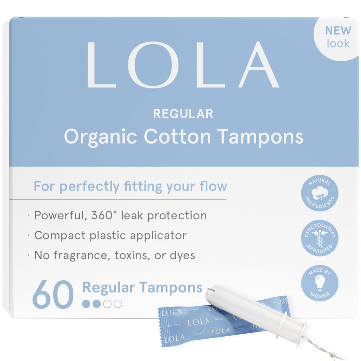 Tampons LOLA en coton biologique Normale, boîte de 60, usage quotidien.