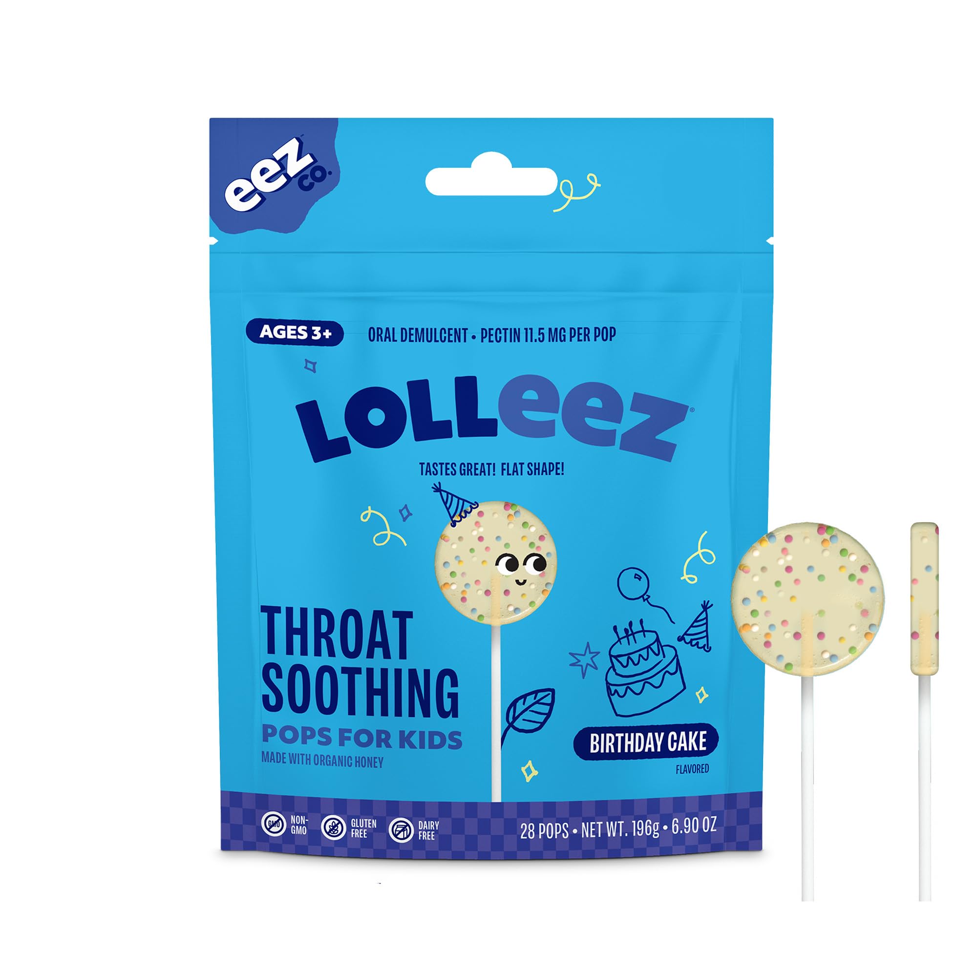 Lolleez Sucettes Gâteau Anniversaire – emballage visible, réconfort doux pour la gorge des enfants.
