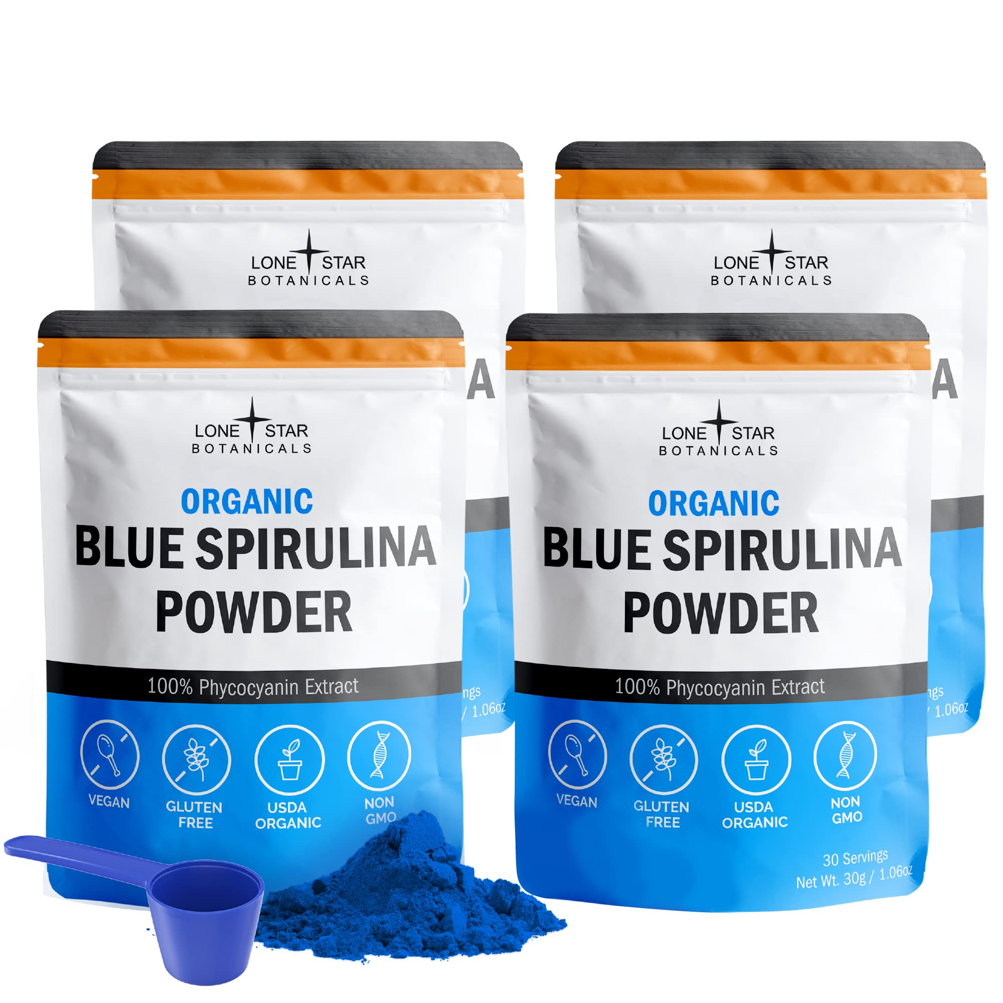 Poudre spiruline bleue Lone Star Botanicals en emballage, parfaite pour démarrer la journée avec couleur naturelle.