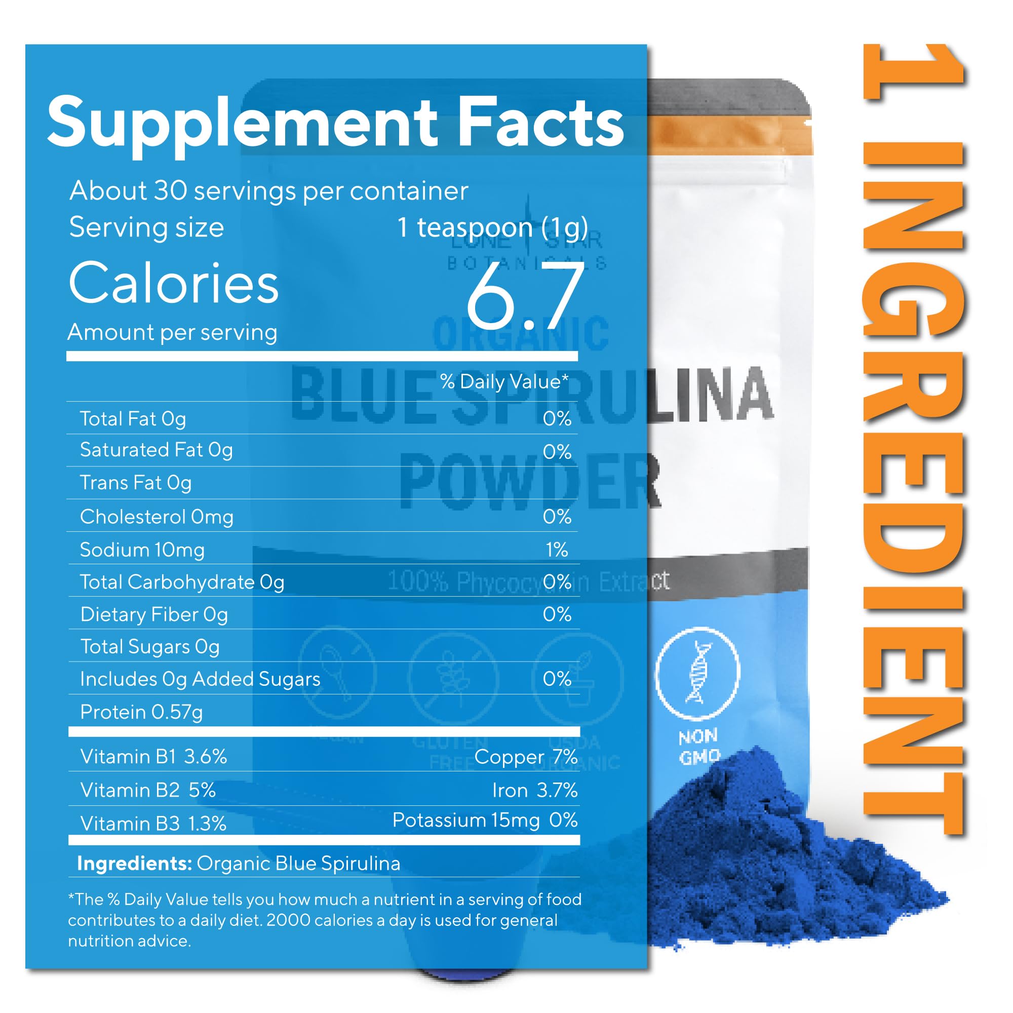 Poudre spiruline bleue Lone Star Botanicals ajoutée dans smoothie, couleur vibrante et naturelle.