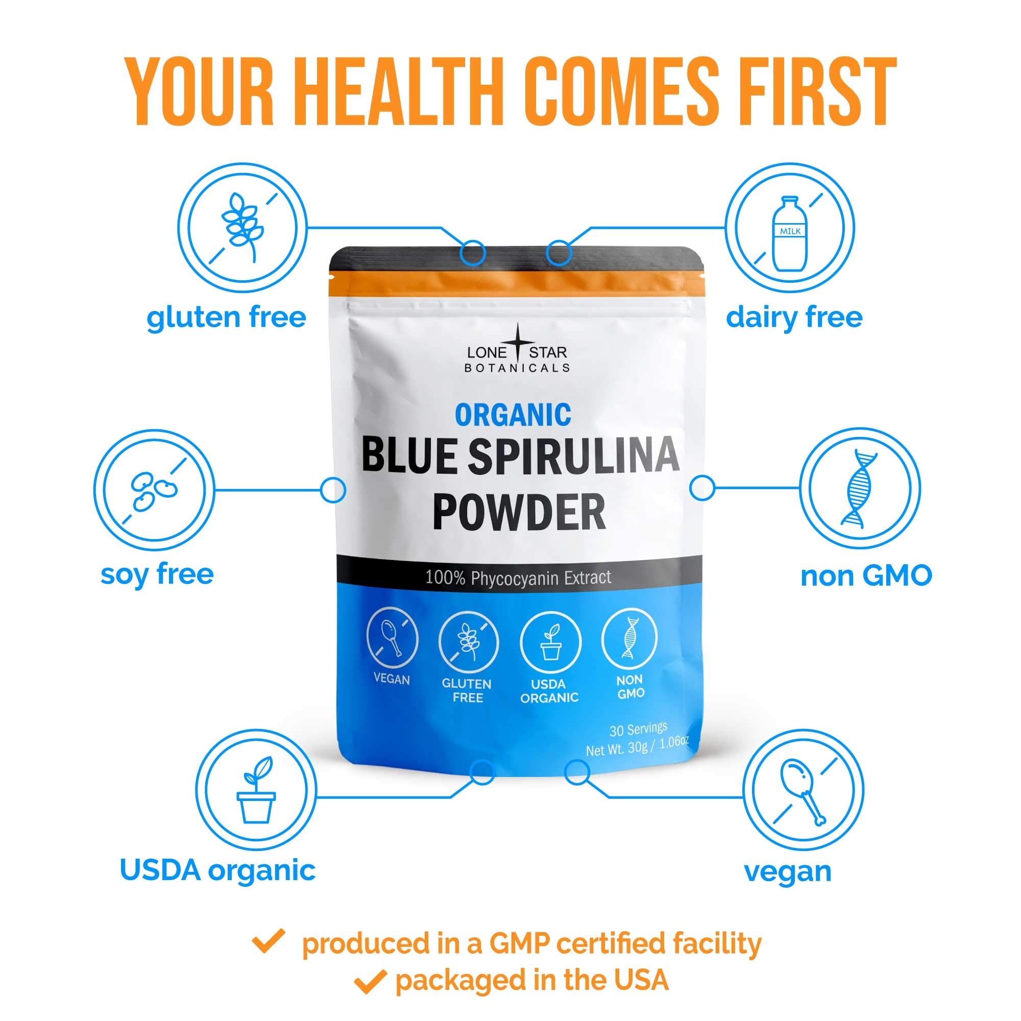 Poudre spiruline bleue Lone Star Botanicals mélangée au yaourt, couleur élégante et neutre.