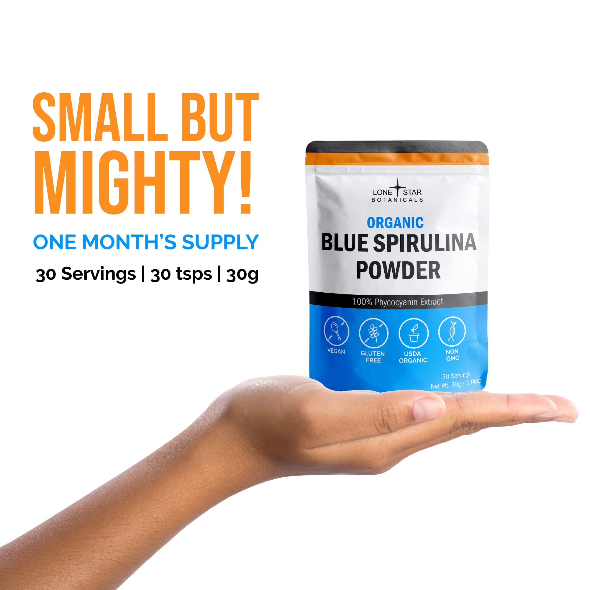 Pot de spiruline bleue de Lone Star Botanicals, pratique pour doser dans boissons et bowls.